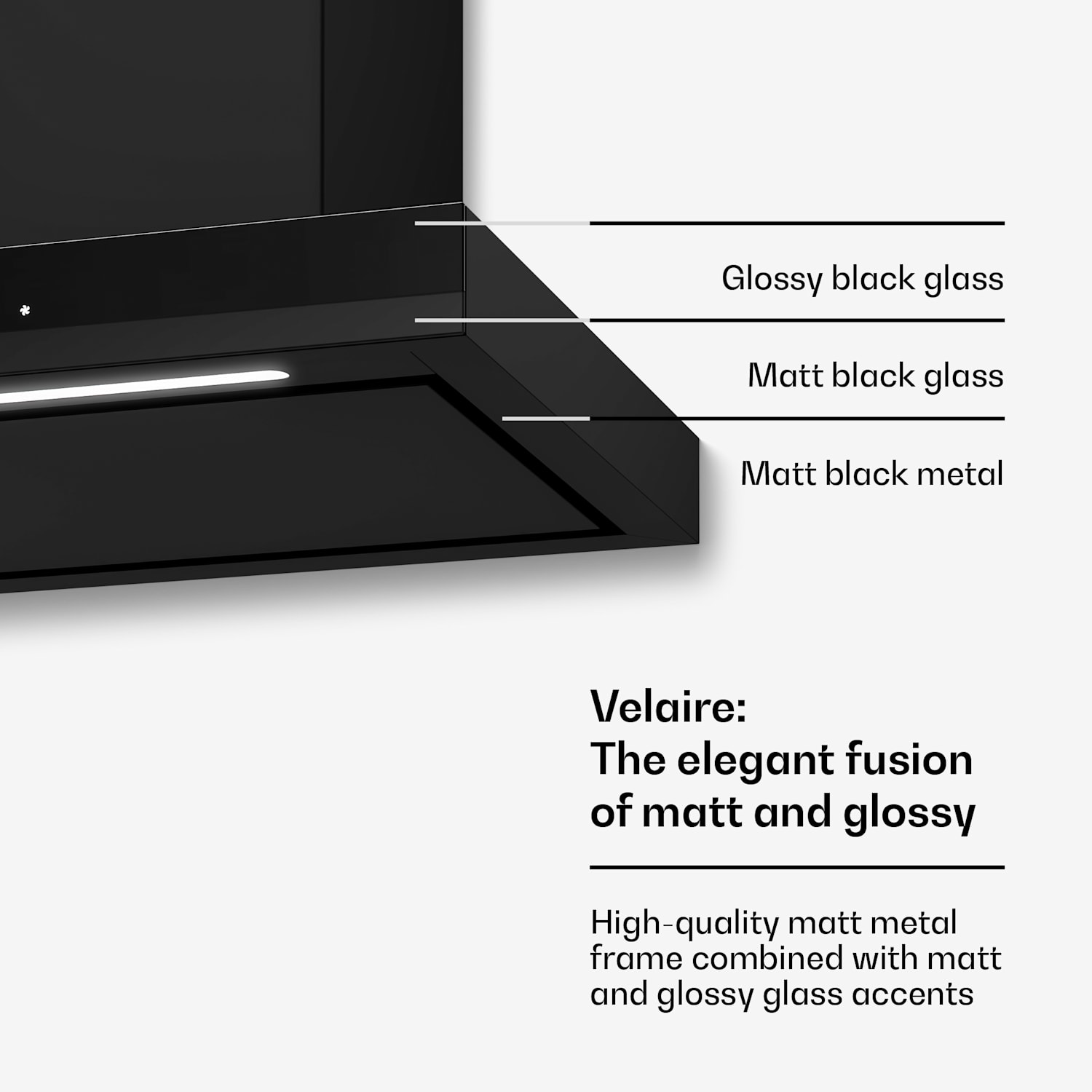 Velaire afzuigkap | elegant, minimalistisch, krachtig | energieklasse A++ | 600 m³/h | 60 cm 60 cm | Zwart