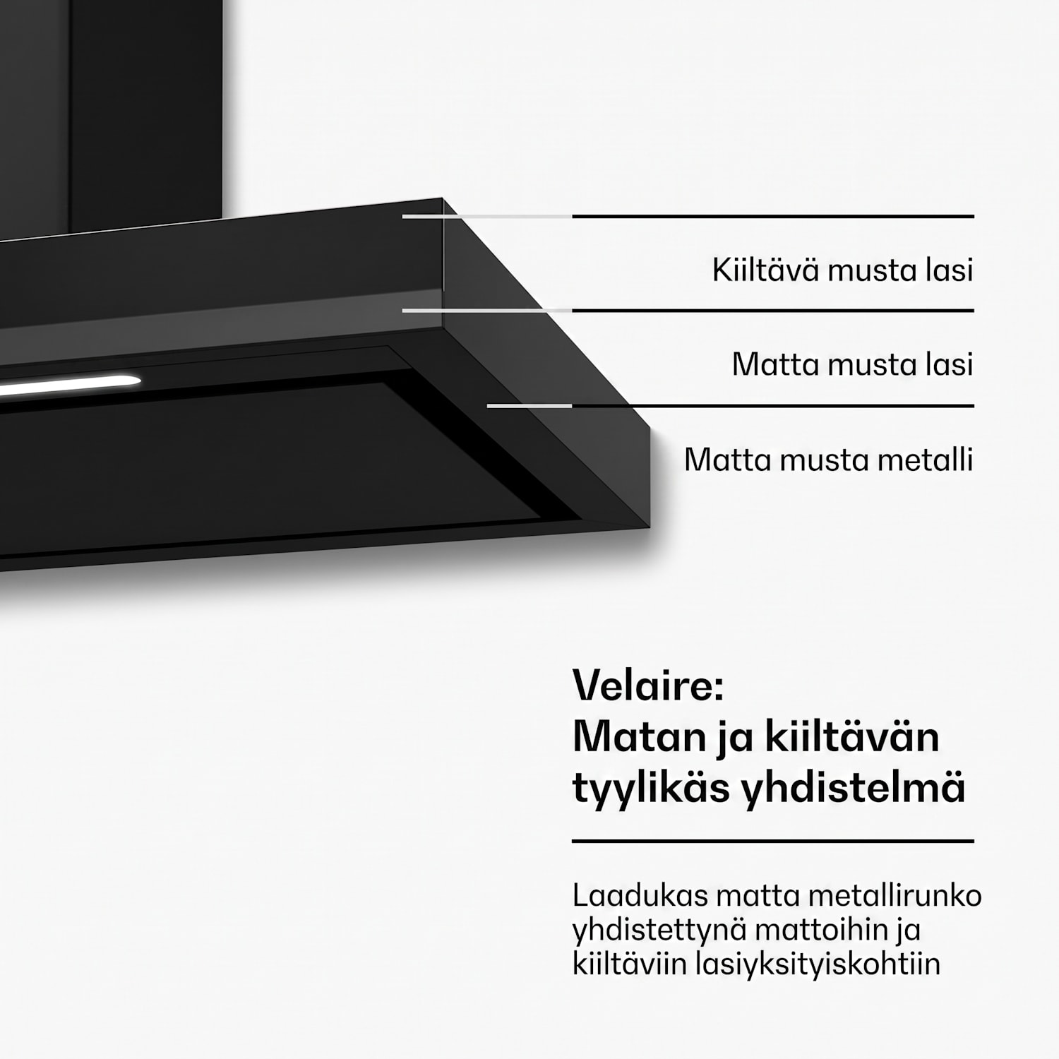 Velaire liesituuletin | Tyylikäs, minimalistinen, tehokas | Energialuokka A++ | 595 m³/h | 90 cm 90 cm | Musta