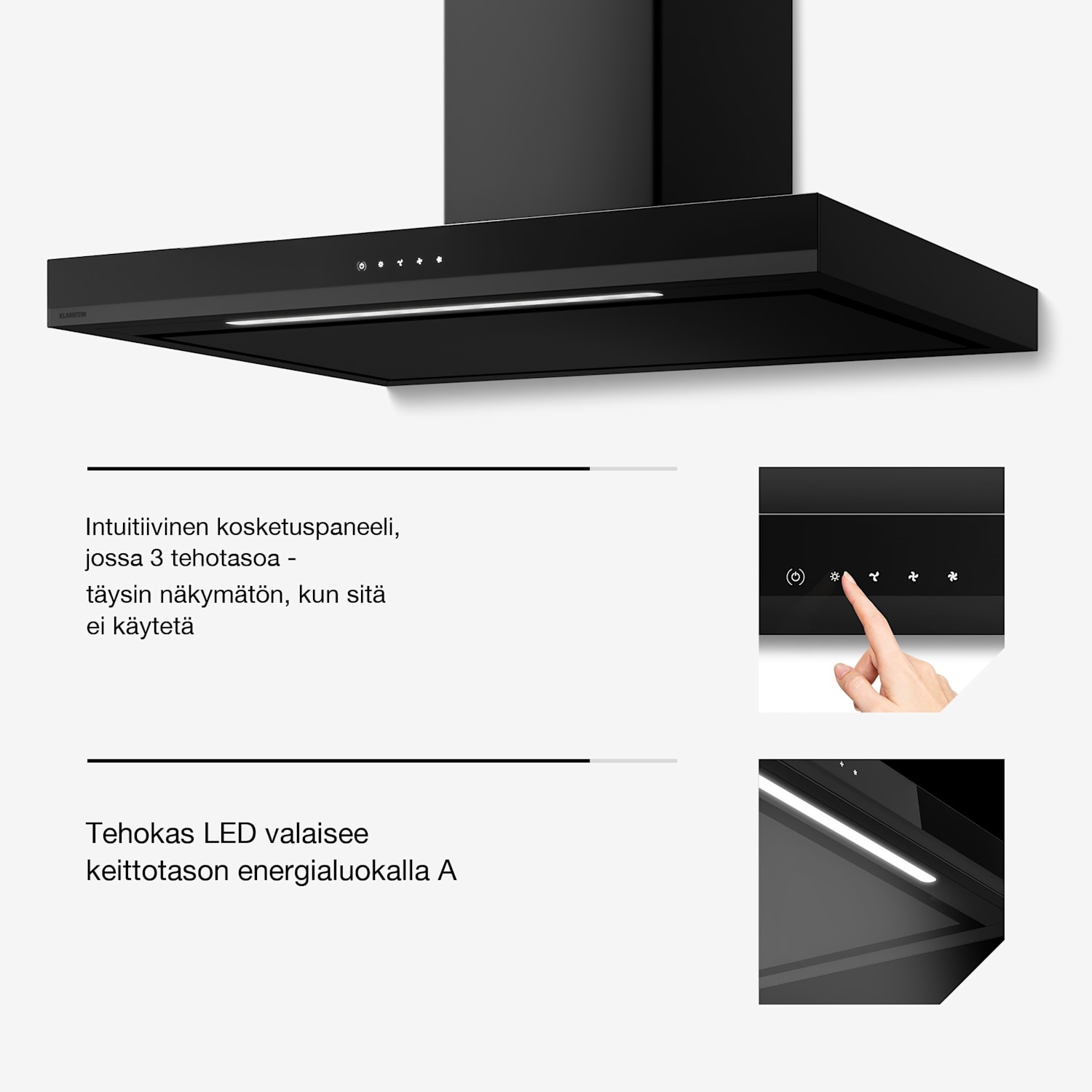 Velaire liesituuletin | Tyylikäs, minimalistinen, tehokas | Energialuokka A++ | 595 m³/h | 90 cm 90 cm | Musta