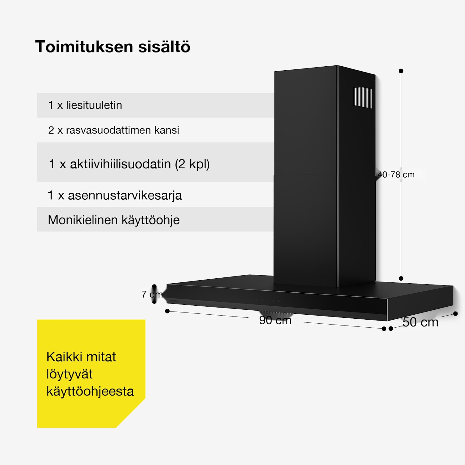 Velaire liesituuletin | Tyylikäs, minimalistinen, tehokas | Energialuokka A++ | 595 m³/h | 90 cm 90 cm | Musta