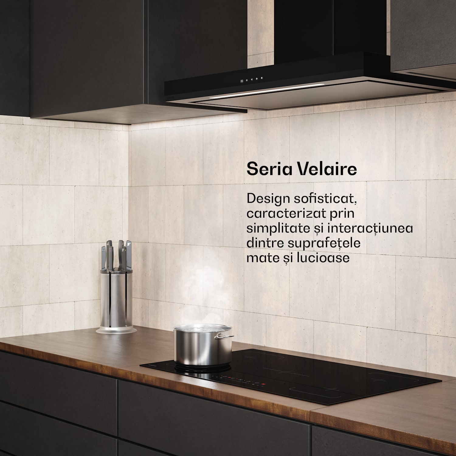 Hotă Velaire, Elegantă, minimalistă, performantă, Clasa energetică A++, 595 m³/h, 90 cm 90 cm | Negru