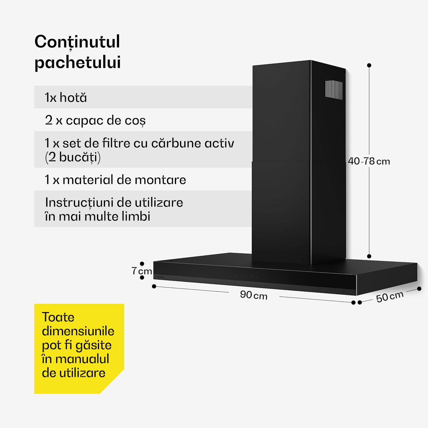Hotă Velaire, Elegantă, minimalistă, performantă, Clasa energetică A++, 595 m³/h, 90 cm 90 cm | Negru