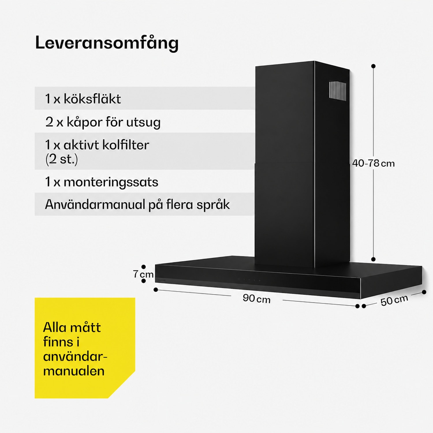 Velaire fläktkåpa | Elegant, minimalistisk, kraftfull | Energiklass A++ | 595 m³/h | 90 cm 90 cm | Svart