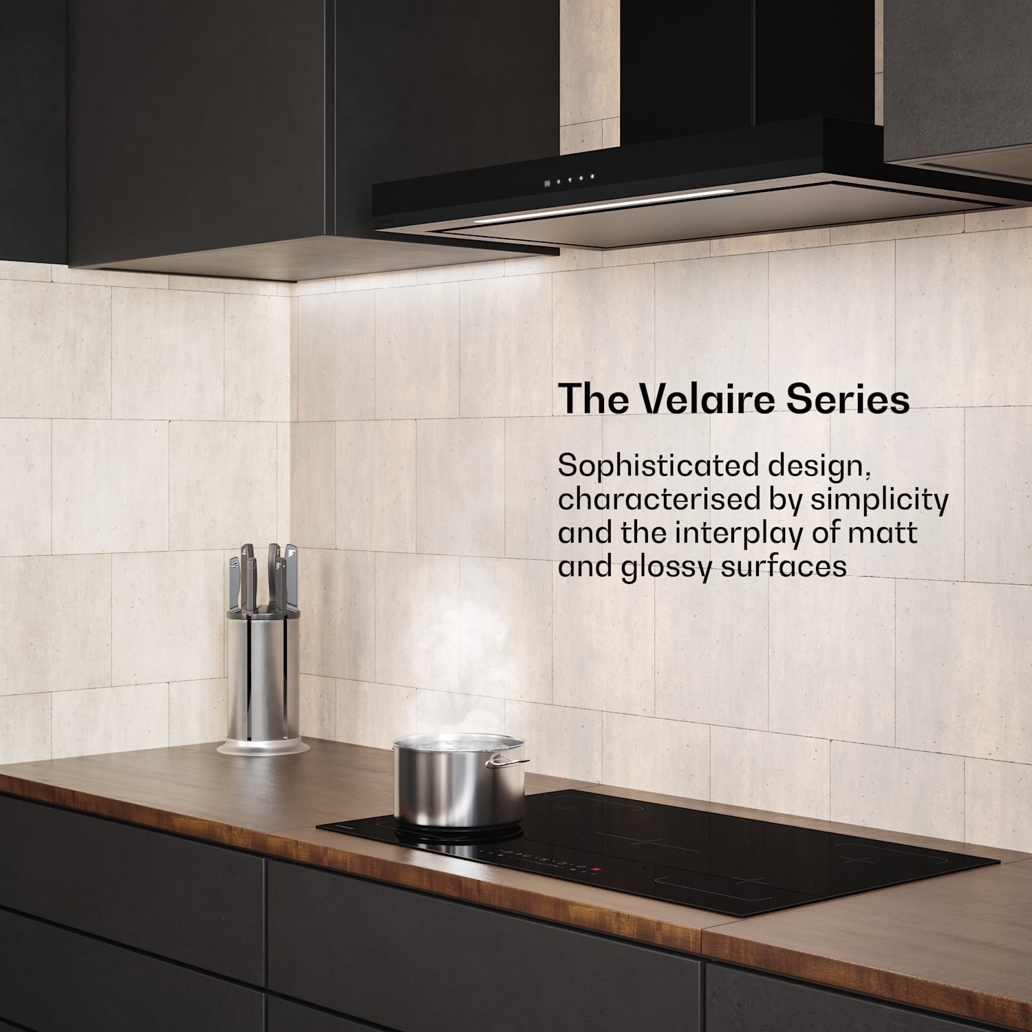 Velaire liesituuletin | Tyylikäs, minimalistinen, tehokas | Energiatehokkuusluokka A++ | 595 m³/h | 90 cm 90 cm | Musta