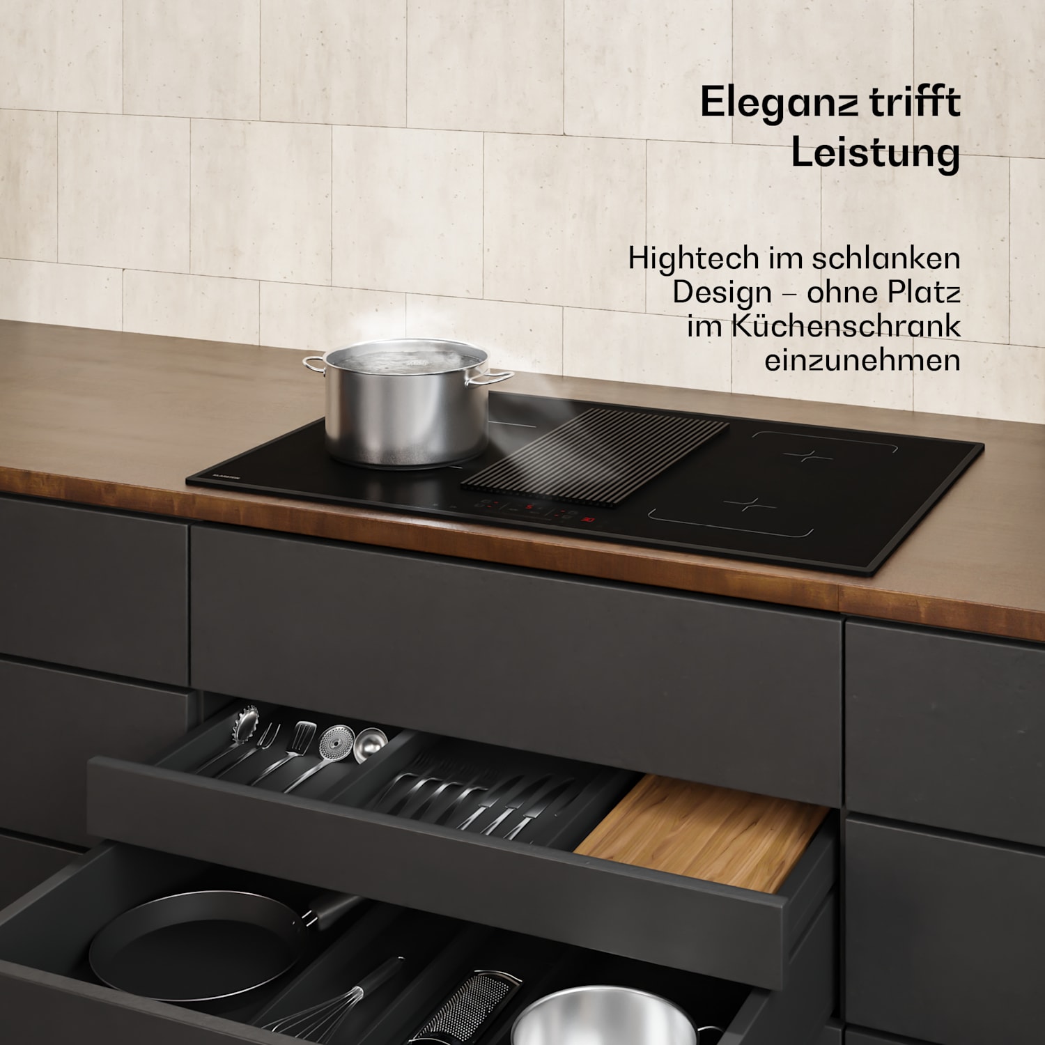 Velaire - Piano cottura a induzione ibrido con cappa integrata, 80 cm, 8400 W, minimalista e potente Hybrid