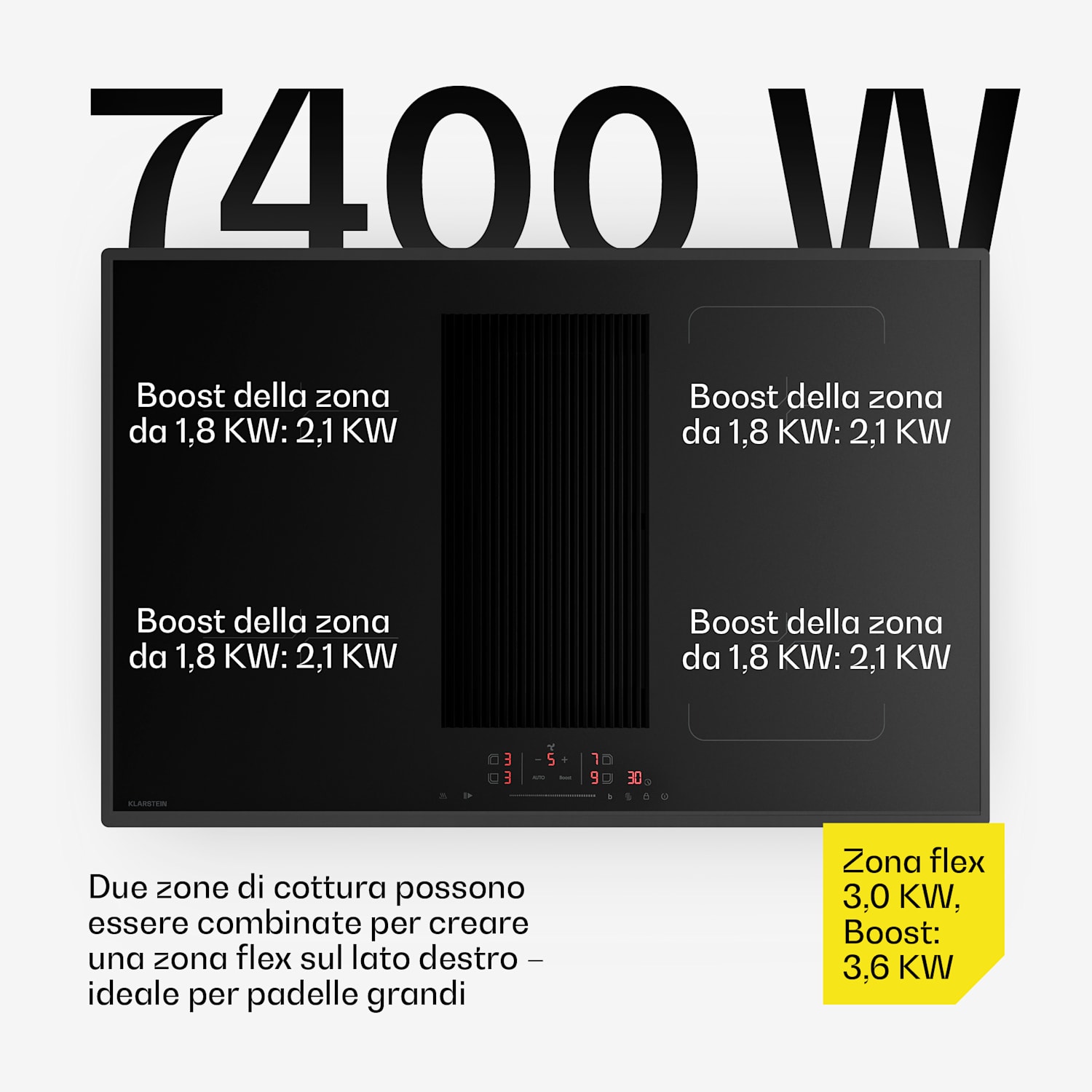 Velaire - Piano cottura a induzione ibrido con cappa integrata, 80 cm, 8400 W, minimalista e potente Hybrid