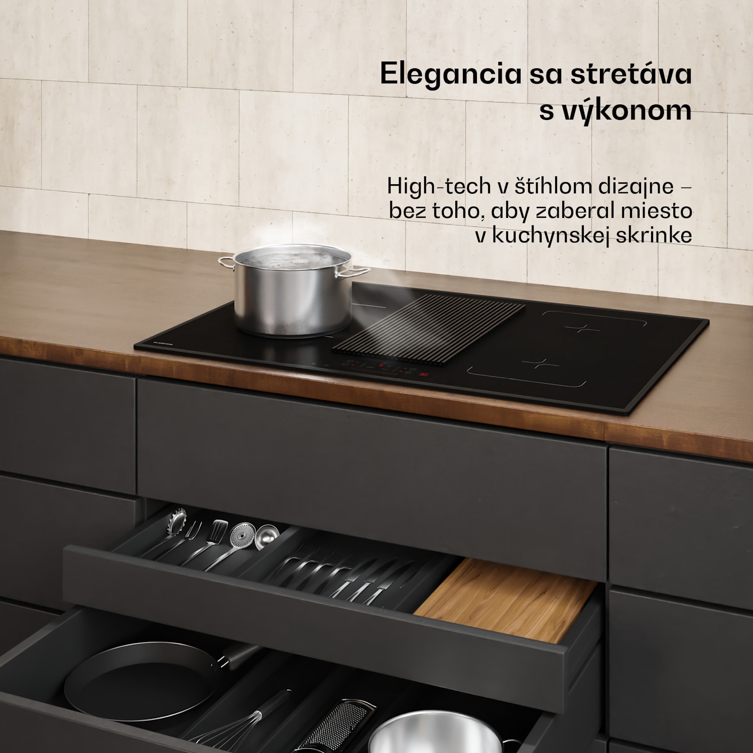 Velaire hybridná indukčná varná doska s integrovaným digestorom Elegantná, minimalistická, výkonná 8400 W 80 cm Hybrid