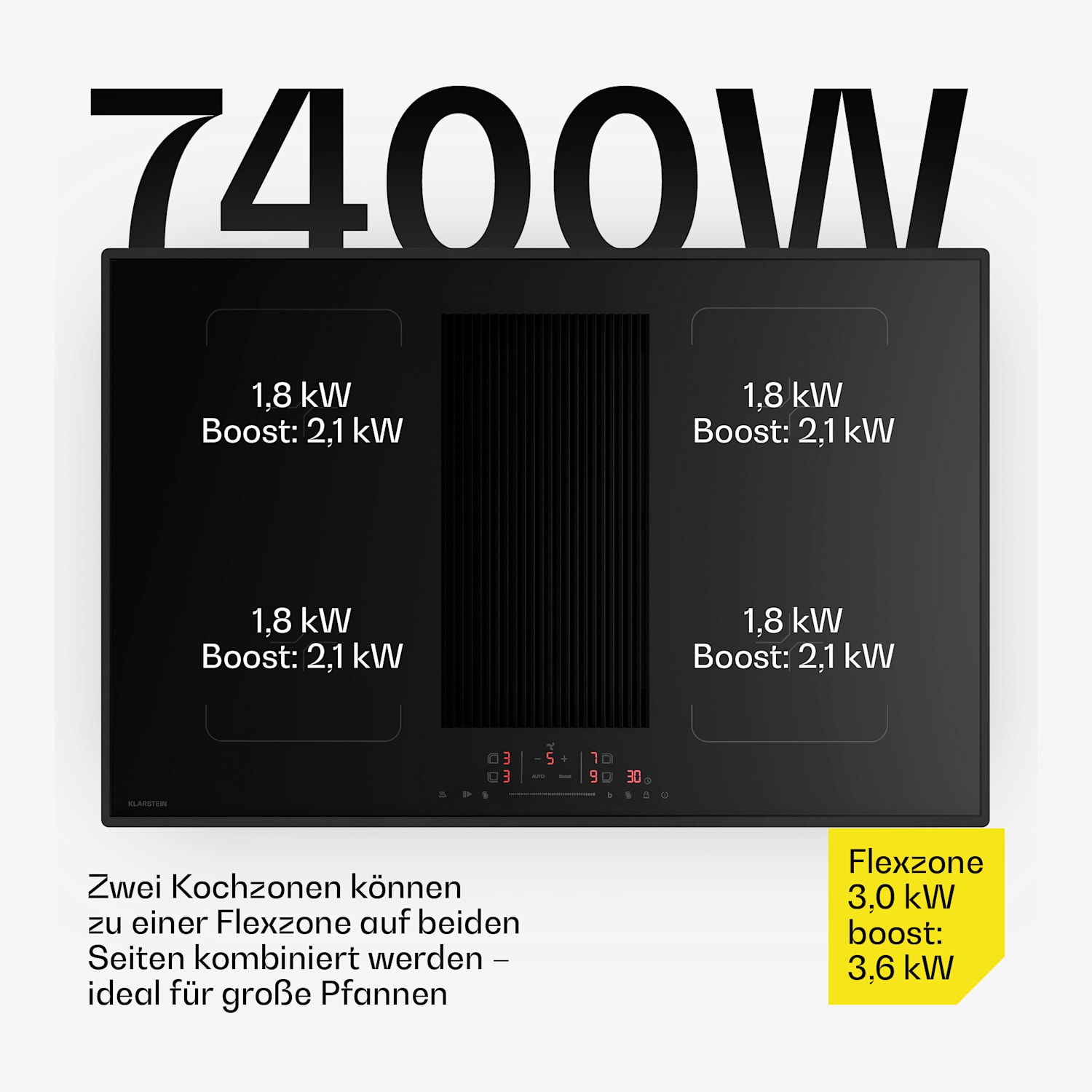 Velaire - Piano cottura a induzione flessibile con cappa integrata, elegante, minimalista, potente, 8400 W, 80 cm Flex