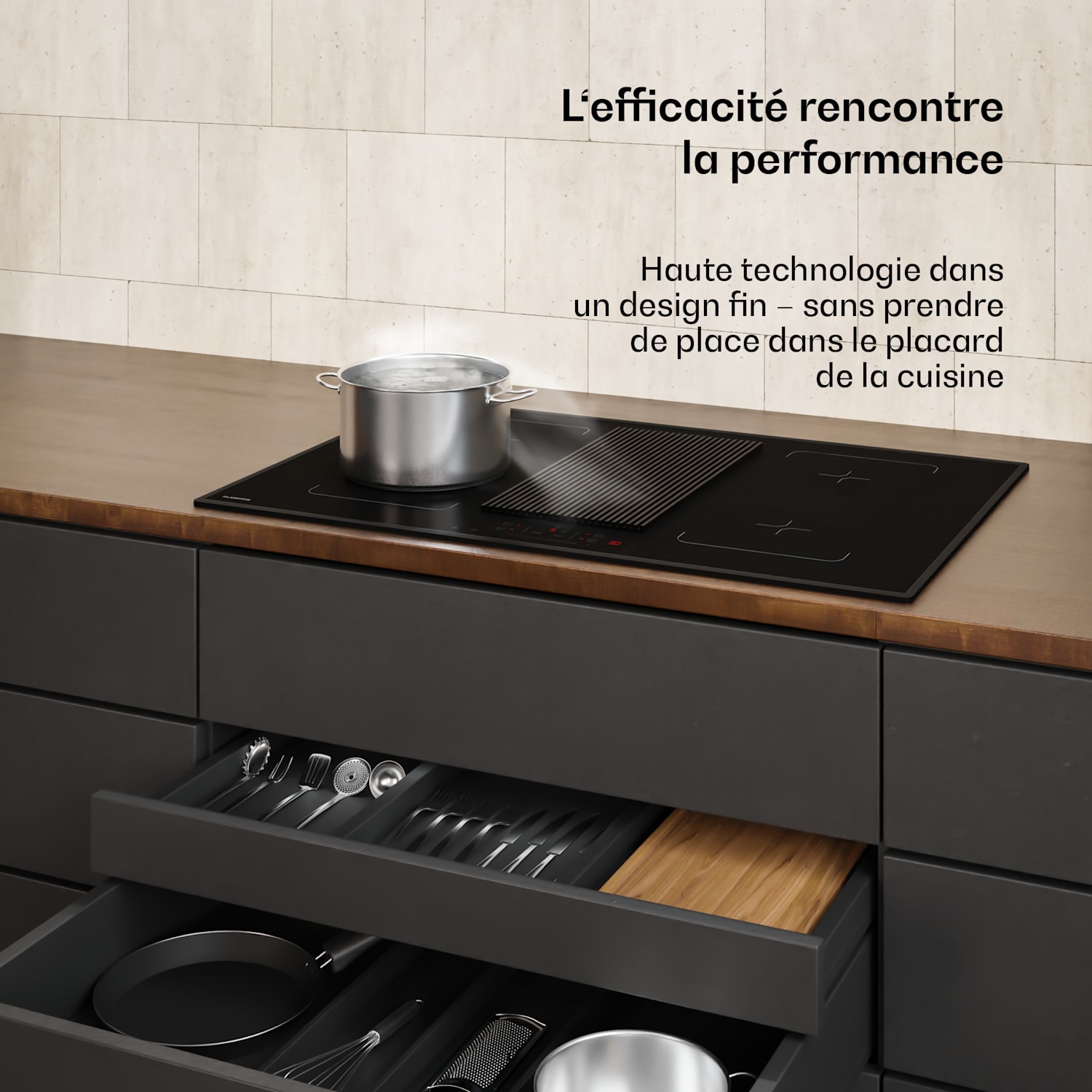 Velaire Flex inductiekookplaat met ingebouwde afzuigkap, minimalistisch, krachtig, 8400 W, 80 cm Flex