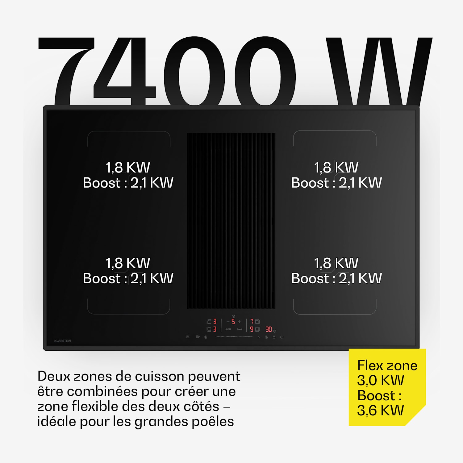 Velaire Flex inductiekookplaat met ingebouwde afzuigkap, minimalistisch, krachtig, 8400 W, 80 cm Flex