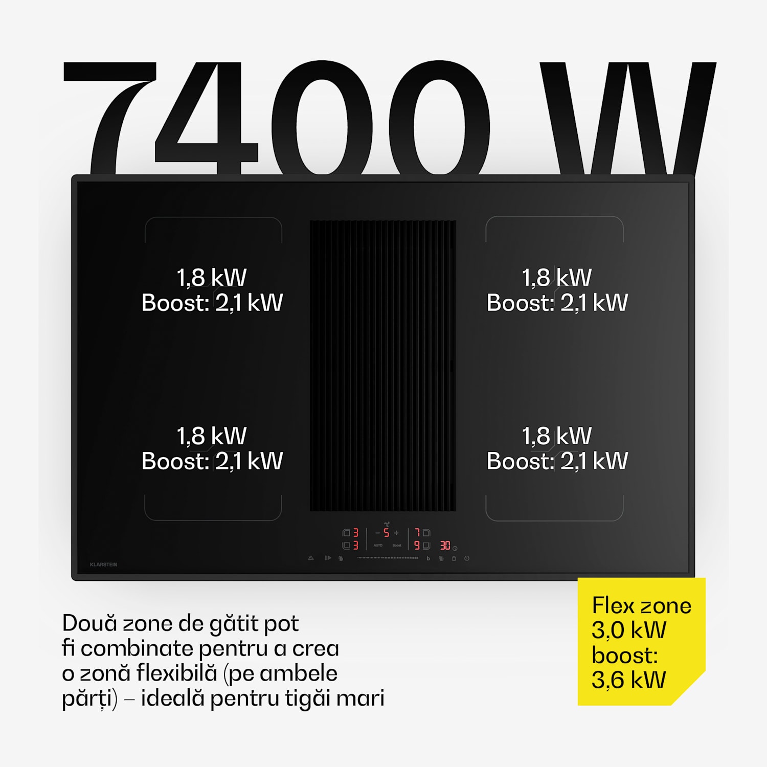 Plită flexi cu inducție Velaire cu hotă integrată — elegantă, minimalistă, puternică, 8400 W, 80 cm Flex