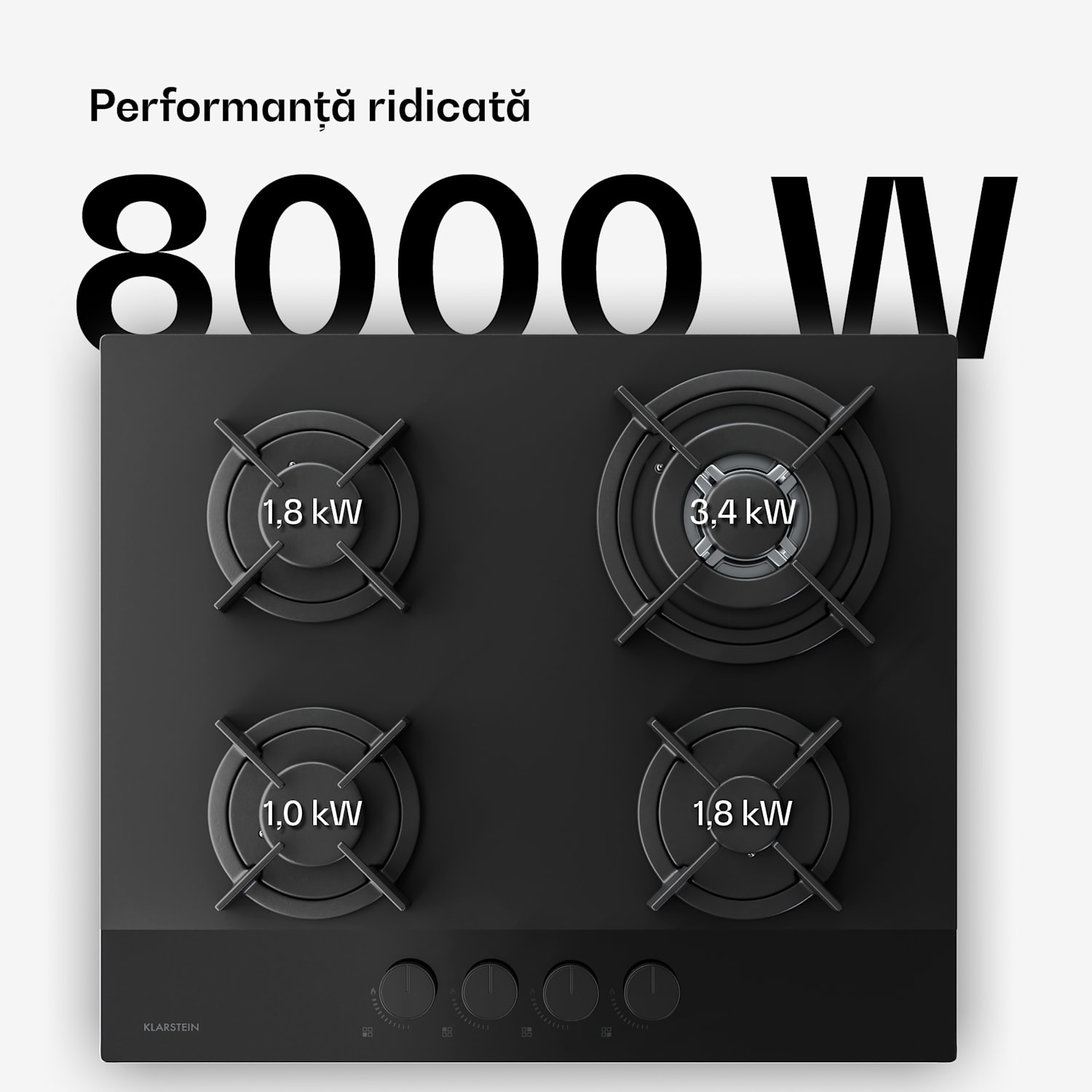 Plită pe gaz Velaire, plită cu 4 arzătoare cu aprindere electrică, compatibilă cu gaz natural și GPL, 8000W, 60cm 60 cm | Negru