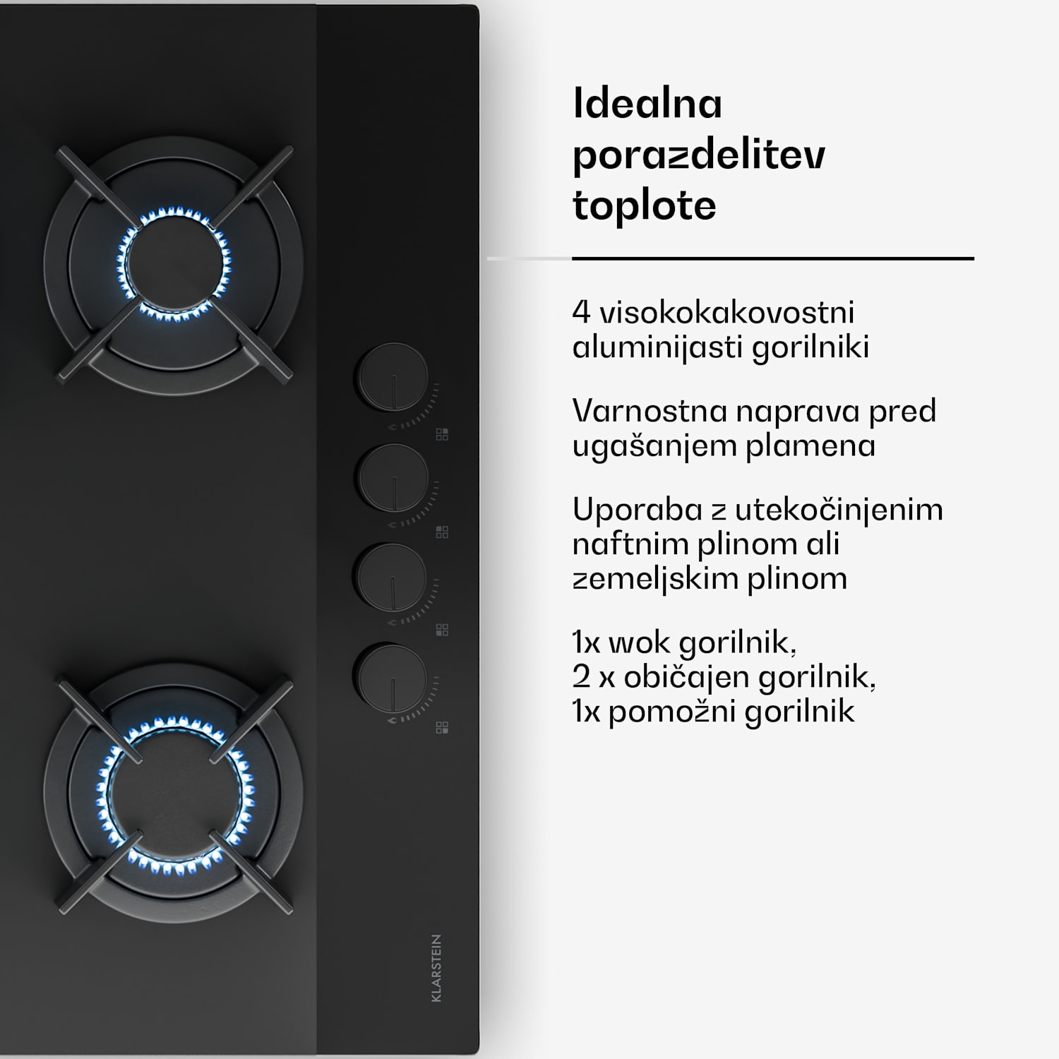 Plinska kuhalna plošča Velaire, 4-gorniki z električnim vžigom, združljiva z zemeljskim plinom in utekočinjenim naftnim plinom, 8000 W, 60 cm 60 cm | Črna