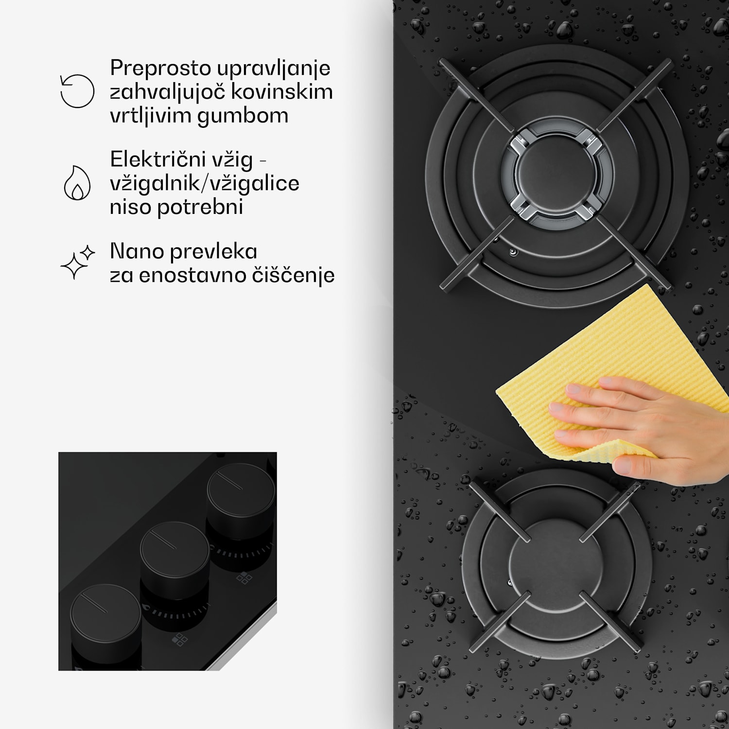 Plinska kuhalna plošča Velaire, 4-gorniki z električnim vžigom, združljiva z zemeljskim plinom in utekočinjenim naftnim plinom, 8000 W, 60 cm 60 cm | Črna