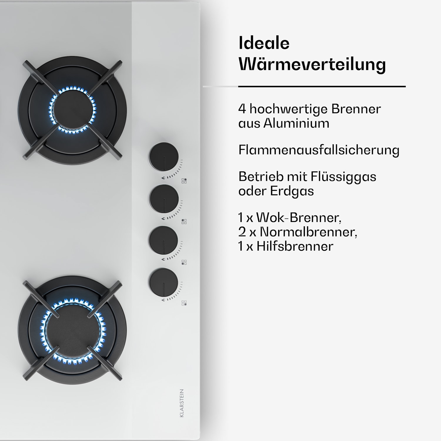 Velaire Gaskochfeld | 4-flammig mit elektrischer Zündung | Erdgas- und LPG-kompatibel | 8000W | 60cm 