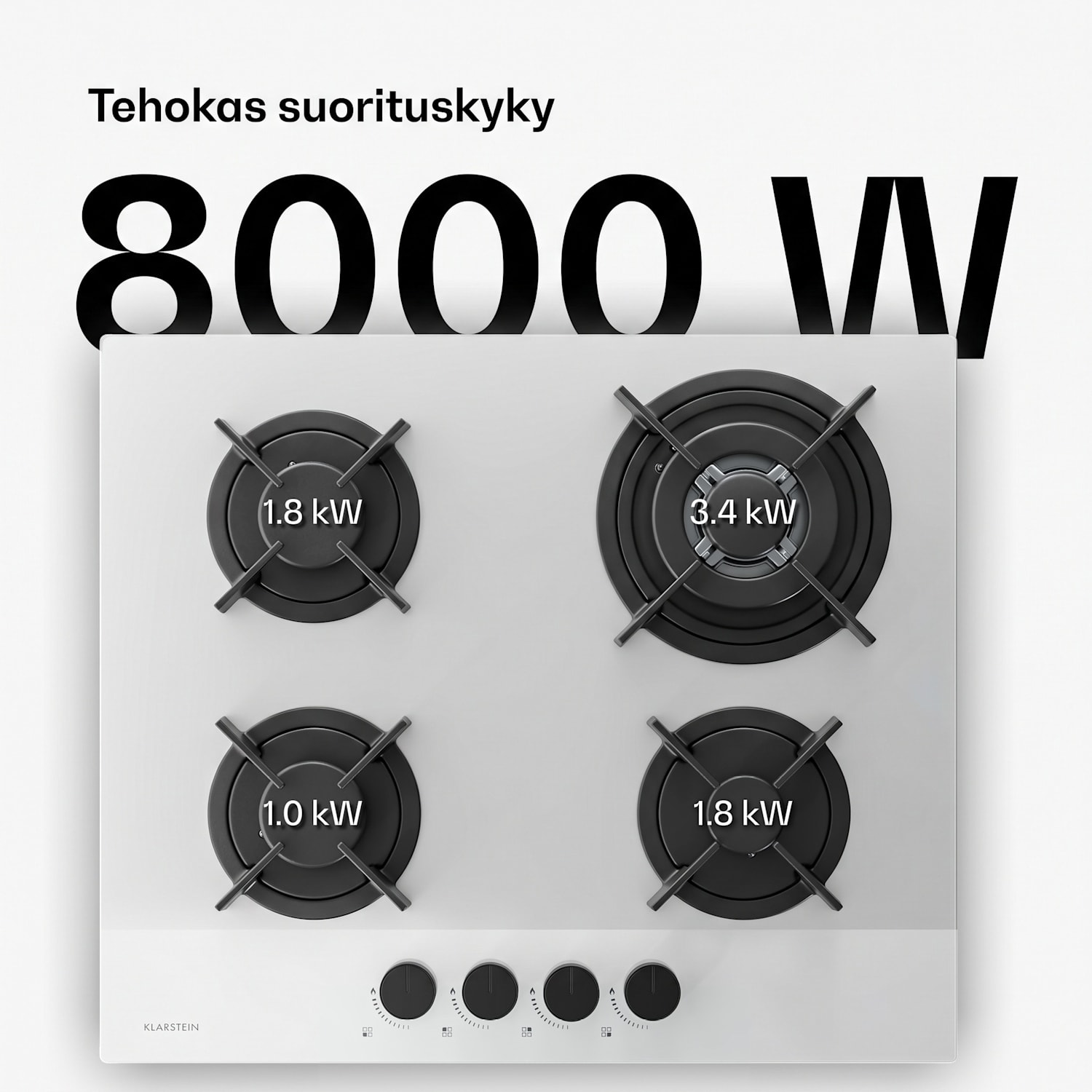 Velaire-kaasuliesi | 4 poltinta sähköisellä sytytyksellä | maakaasu- ja nestekaasuyhteensopiva | 8000 W | 60 cm 60 cm | Valkoinen