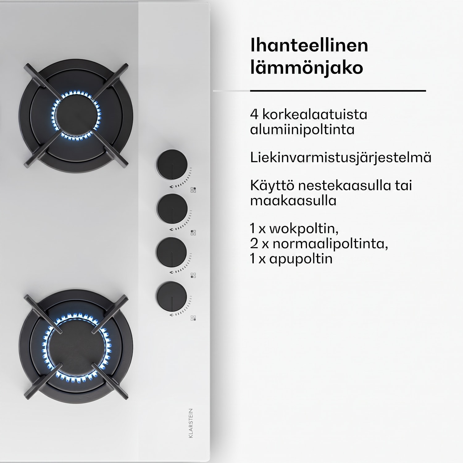 Velaire-kaasuliesi | 4 poltinta sähköisellä sytytyksellä | maakaasu- ja nestekaasuyhteensopiva | 8000 W | 60 cm 60 cm | Valkoinen