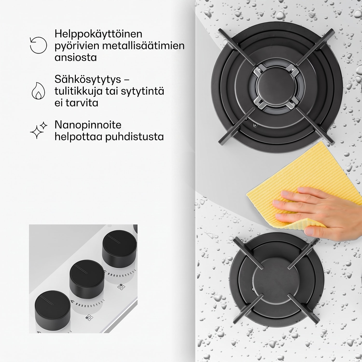 Velaire-kaasuliesi | 4 poltinta sähköisellä sytytyksellä | maakaasu- ja nestekaasuyhteensopiva | 8000 W | 60 cm 60 cm | Valkoinen