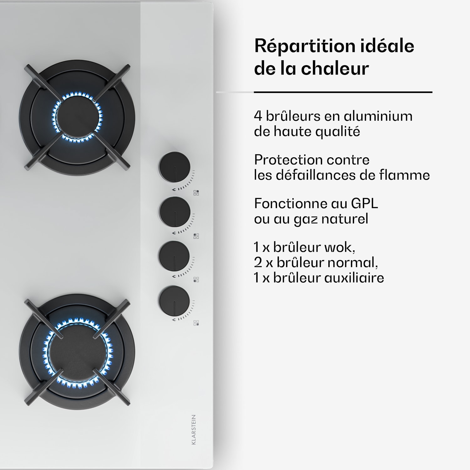 Velaire gaskookplaat | 4-pits met elektrische ontsteking | compatibel met aardgas en LPG | 8000 W | 60 cm 60 cm | Wit