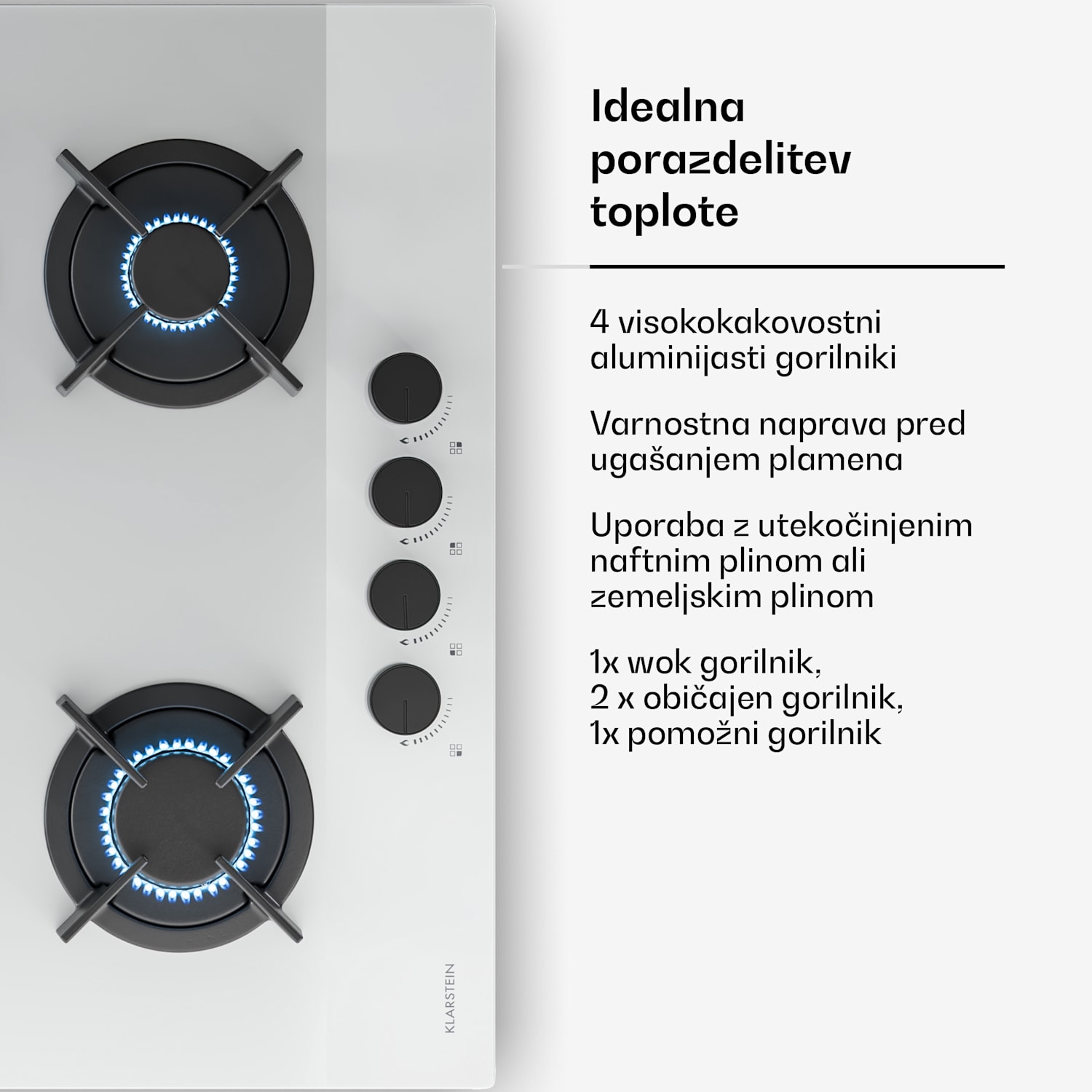Plinska kuhalna plošča Velaire, 4-gorniki z električnim vžigom, združljiva z zemeljskim plinom in utekočinjenim naftnim plinom, 8000 W, 60 cm 60 cm | Bela