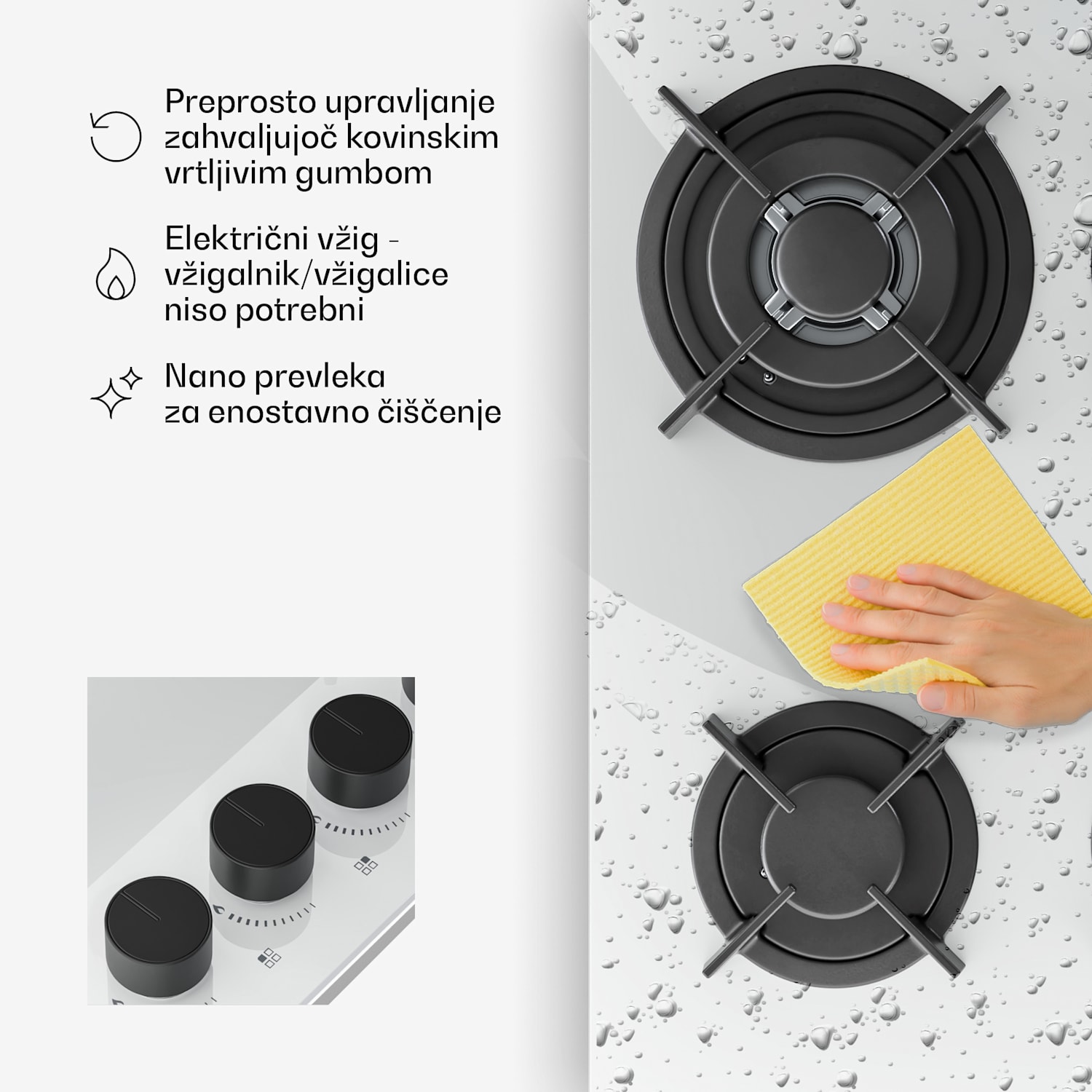 Plinska kuhalna plošča Velaire, 4-gorniki z električnim vžigom, združljiva z zemeljskim plinom in utekočinjenim naftnim plinom, 8000 W, 60 cm 60 cm | Bela