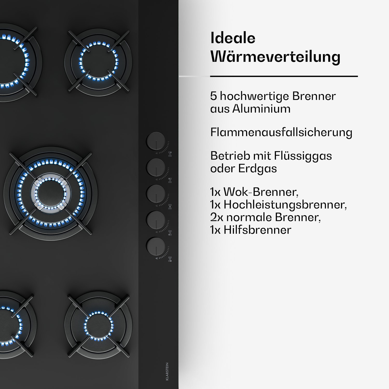 Velaire Gaskochfeld | 5-flammig mit elektrischer Zündung | Erdgas- & LPG-kompatibel | 10400W | 90cm 