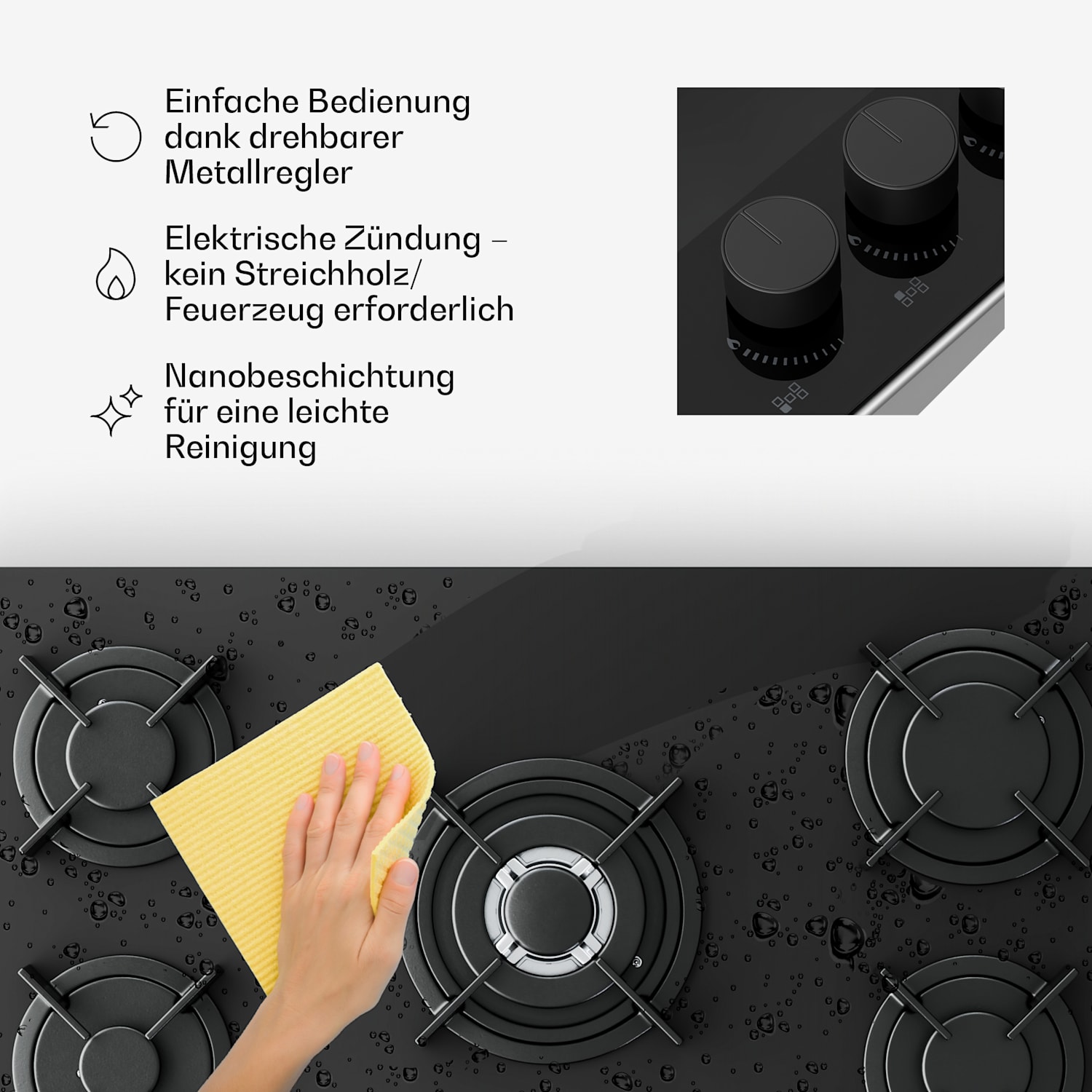 Velaire Gaskochfeld | 5-flammig mit elektrischer Zündung | Erdgas- & LPG-kompatibel | 10400W | 90cm 