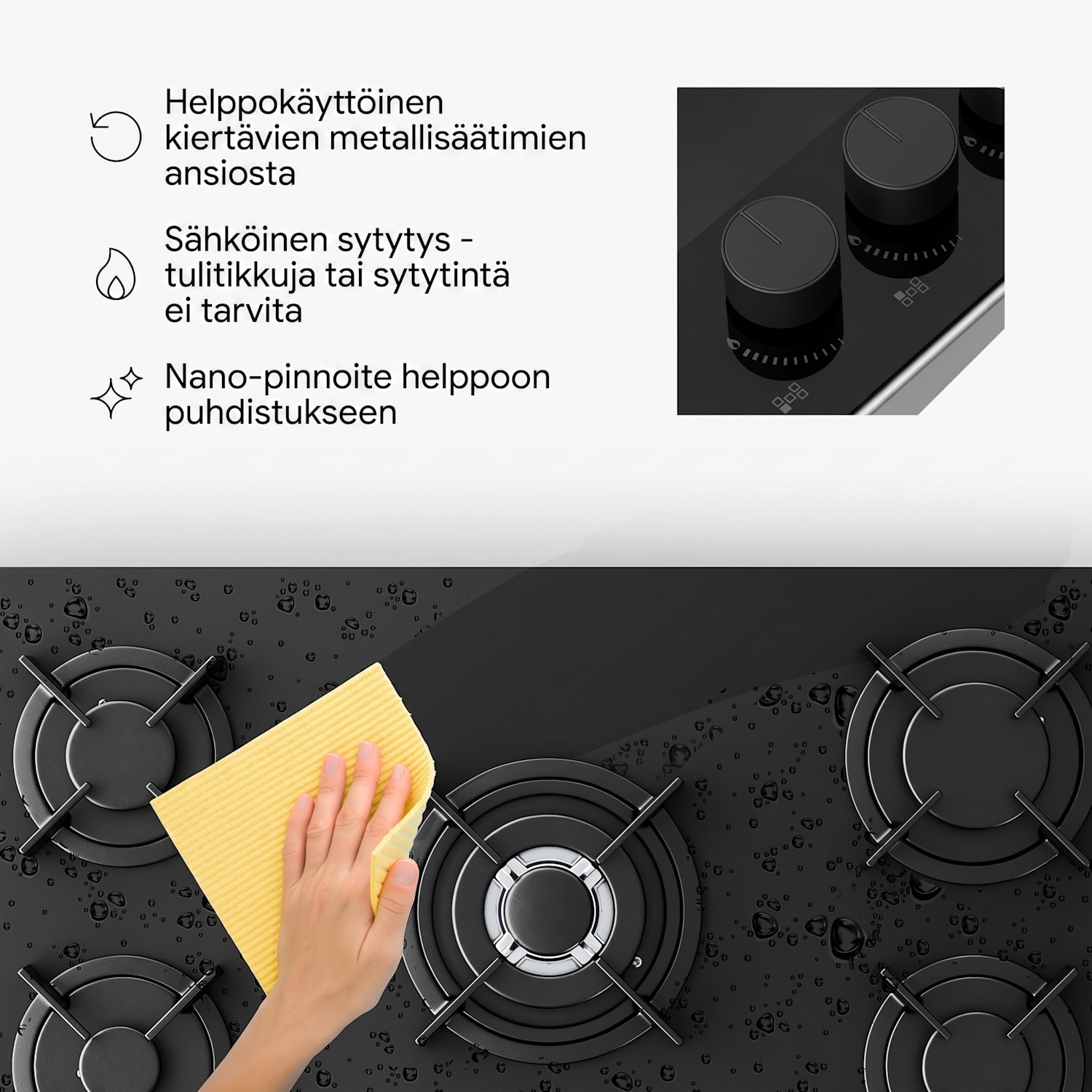 Velaire-kaasuliesi | 5 poltinta sähköisellä sytytyksellä | maakaasu- ja nestekaasuyhteensopiva | 10 400 W | 90 cm 90 cm | Musta