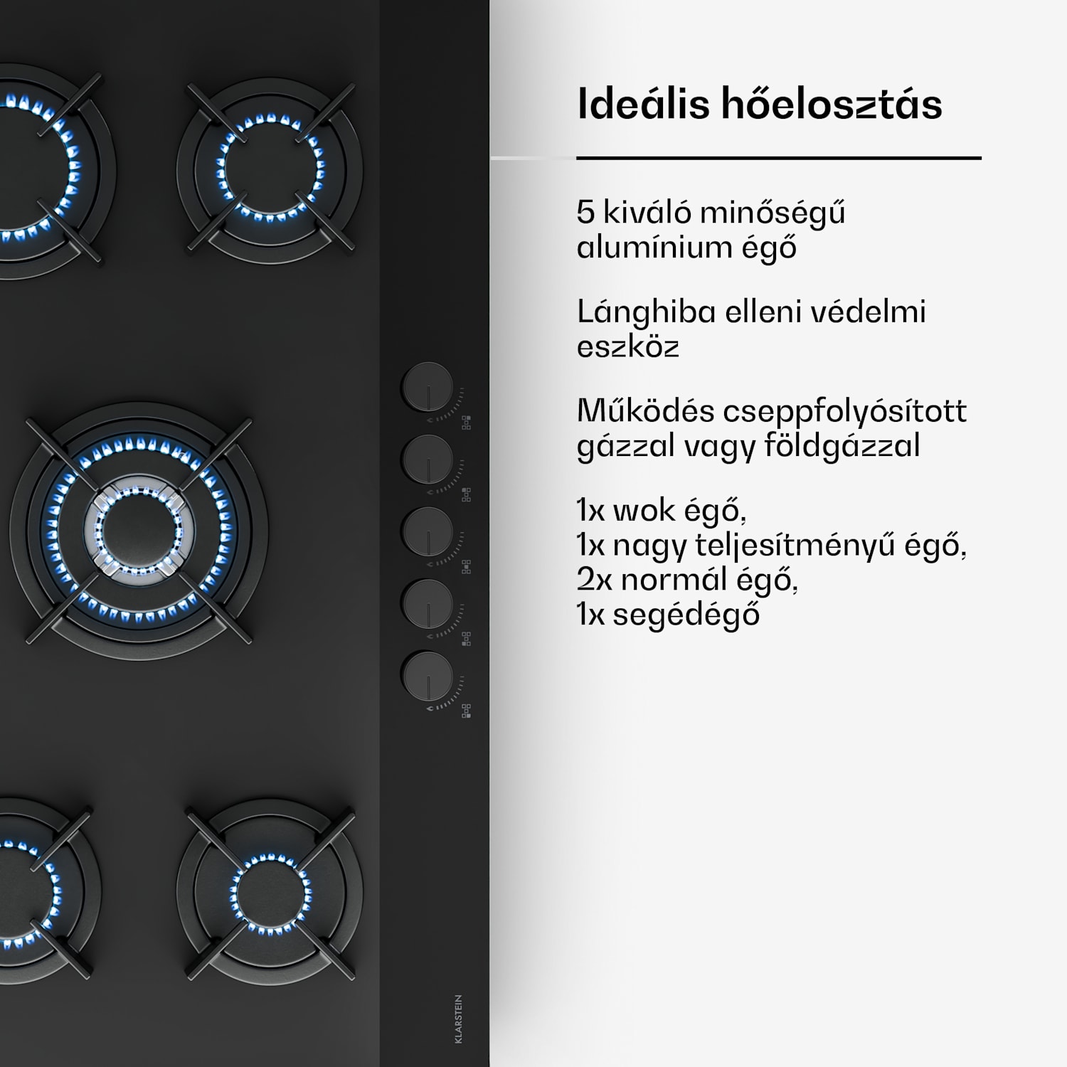 Velaire gáztűzhely, 5 égős elektromos gyújtással, Földgázzal és LPG-vel kompatibilis, 10400 W, 90 cm 90 cm | Fekete