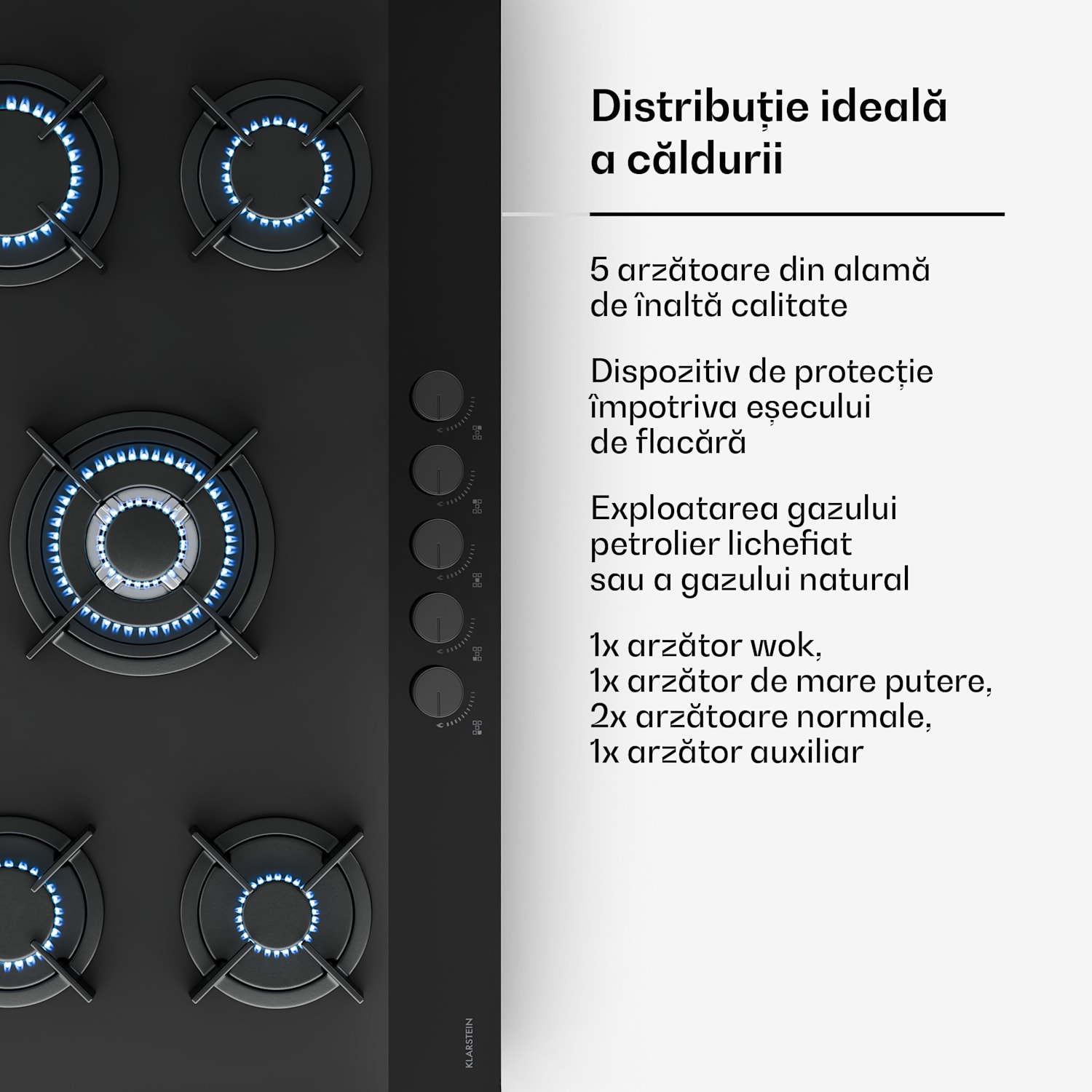 Plita pe gaz Velaire, cu 5 arzătoare și aprindere electrică, compatibilă cu gaz natural și GPL, 10400 W, 90 cm. 90 cm | Negru