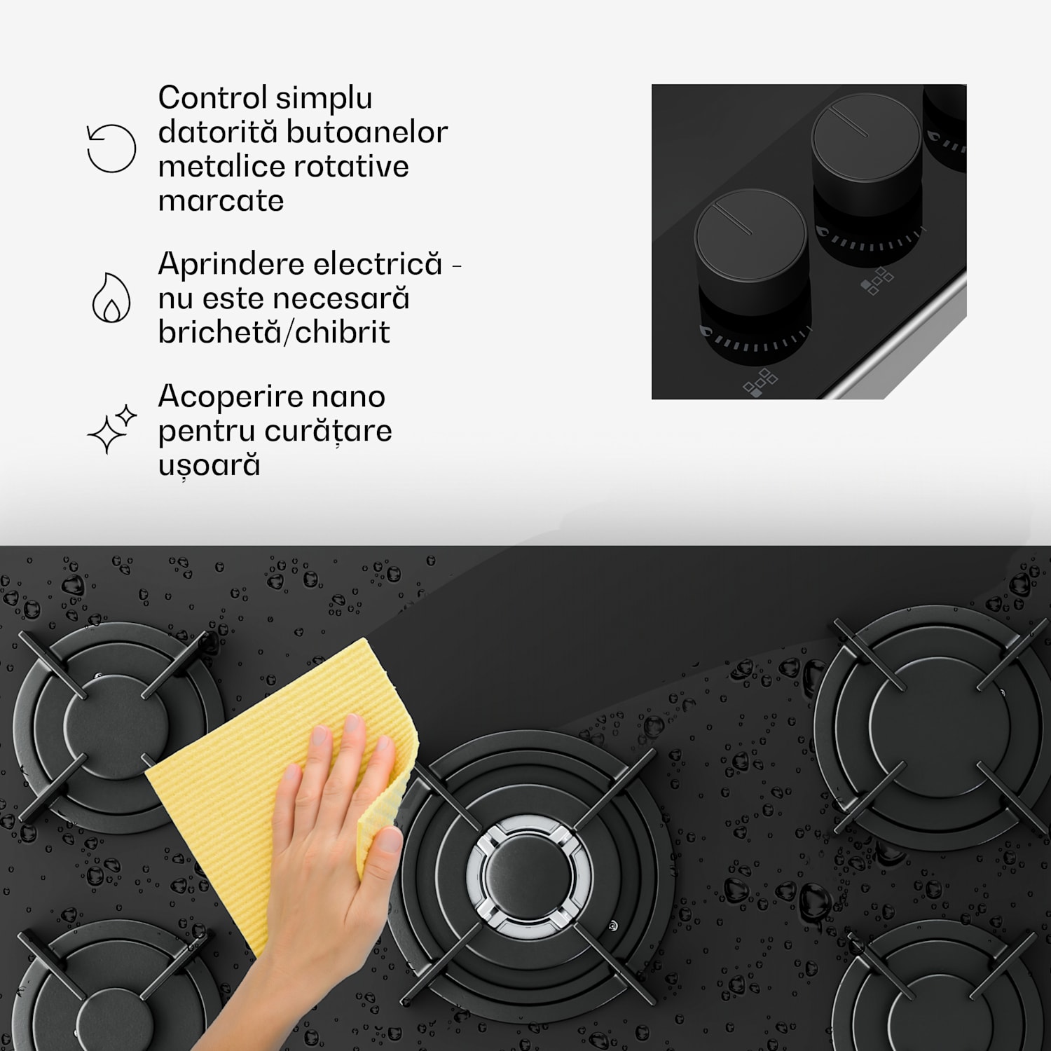 Plita pe gaz Velaire, cu 5 arzătoare și aprindere electrică, compatibilă cu gaz natural și GPL, 10400 W, 90 cm. 90 cm | Negru