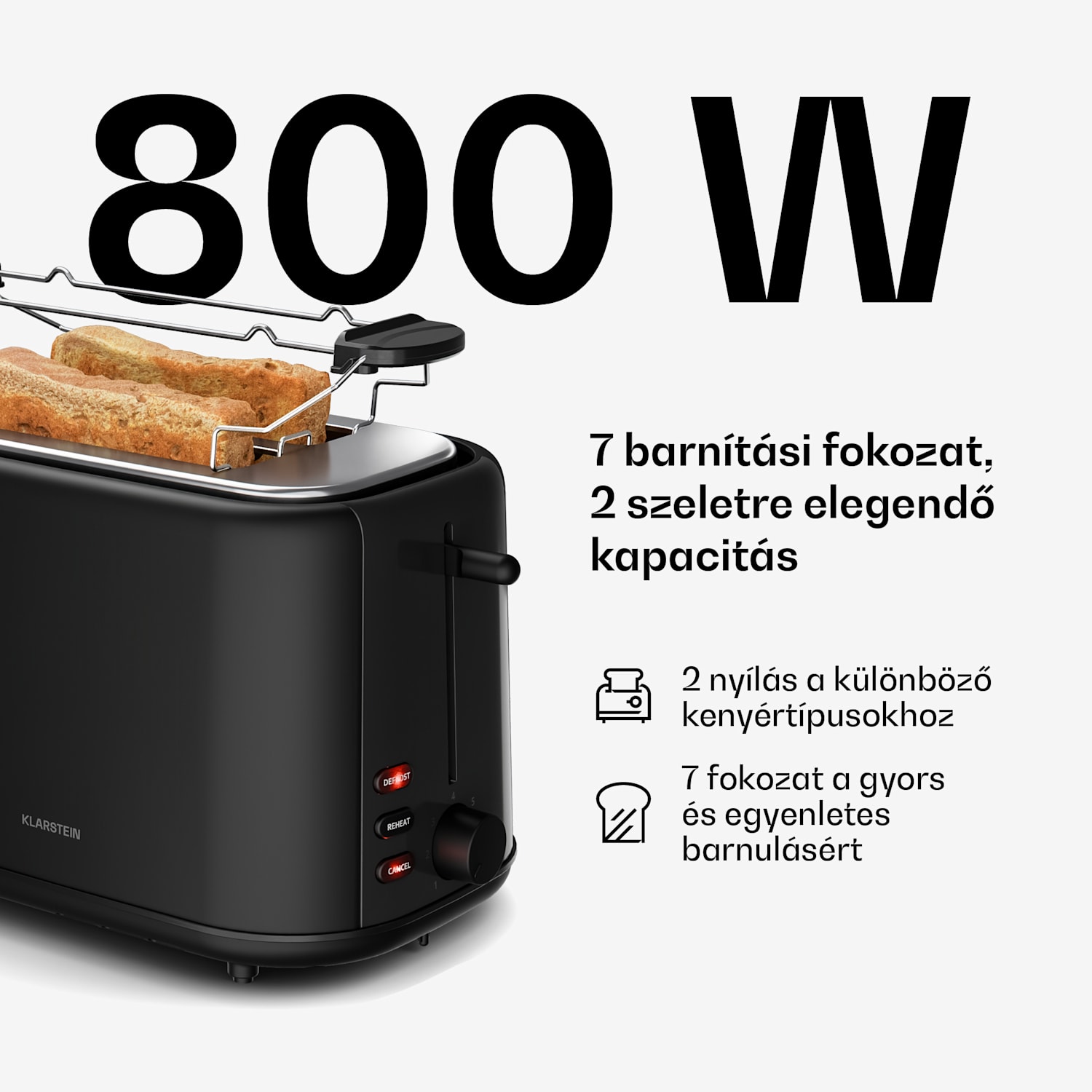 Velaire kenyérpirító | 2 szeletes kenyérpirító | 800 W | 7 barnítási fokozat | zsemlemelegítő 