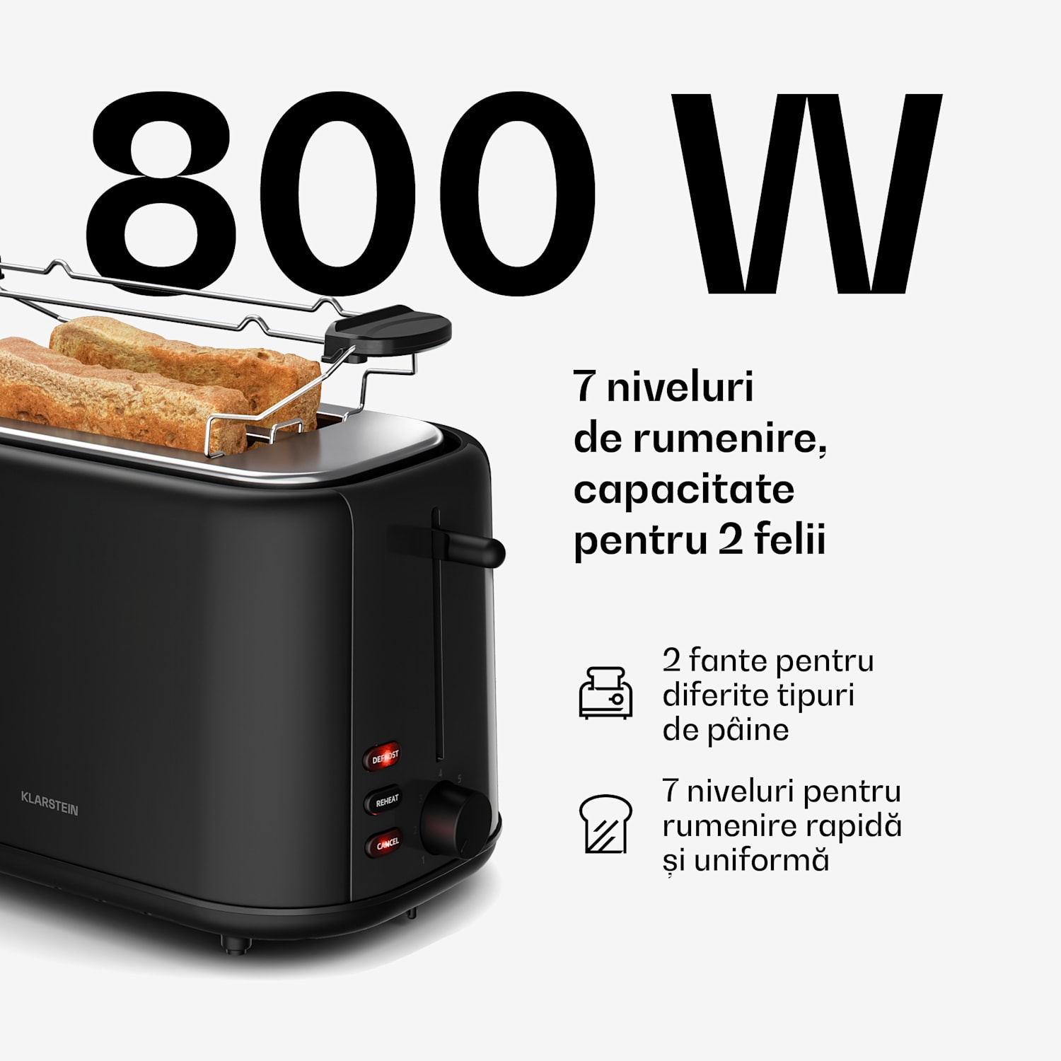 Toaster Velaire | Toaster cu 2 felii | 800 W | 7 niveluri de rumenire | Încălzitor chifle 