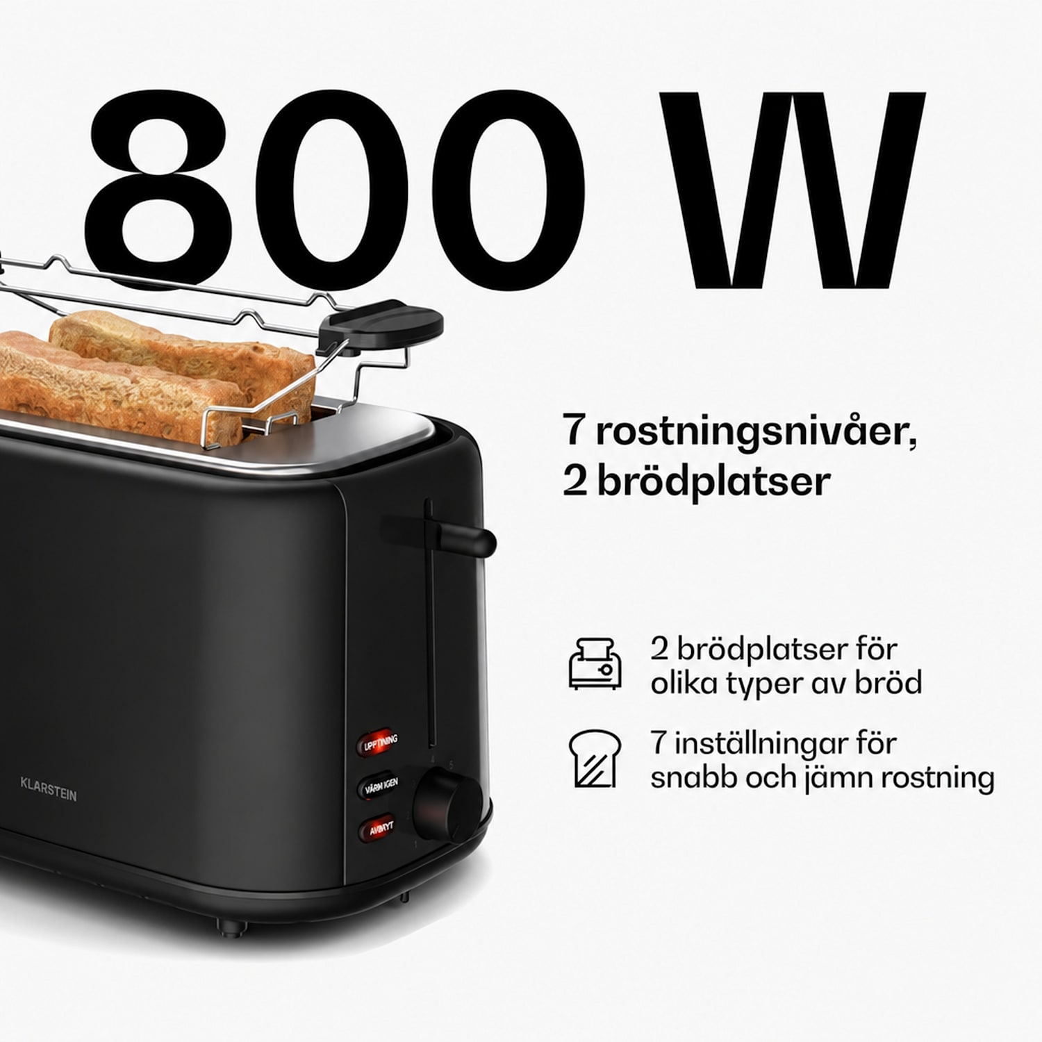 Velaire Brödrost | 2-skårig | 800 W | 7 brynningsnivåer | Frallhållare 