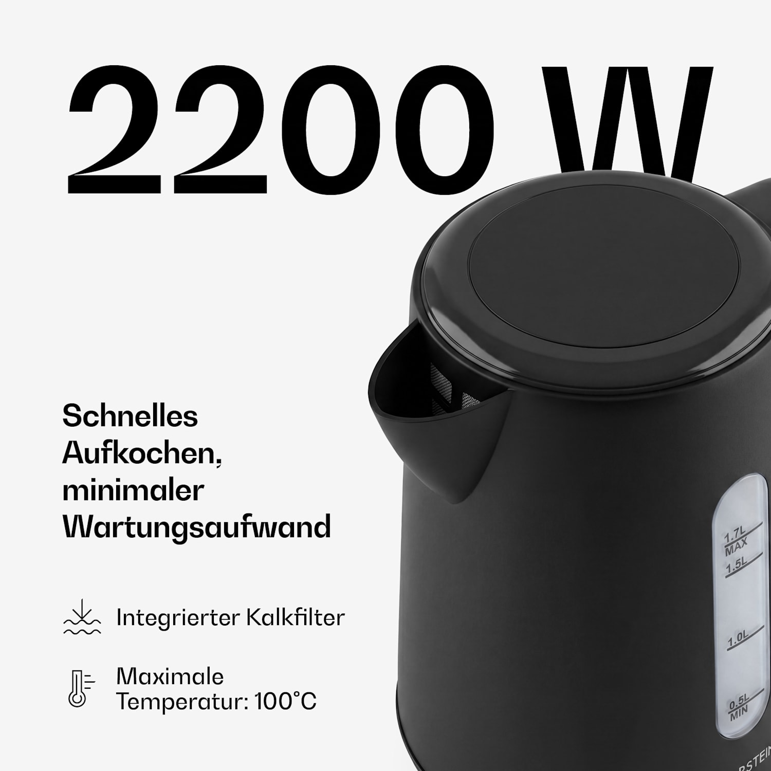 Velaire Wasserkocher | 1,7 Liter | 2200 W | 360°-Drehfuß | Modernes, minimalistisches Design 