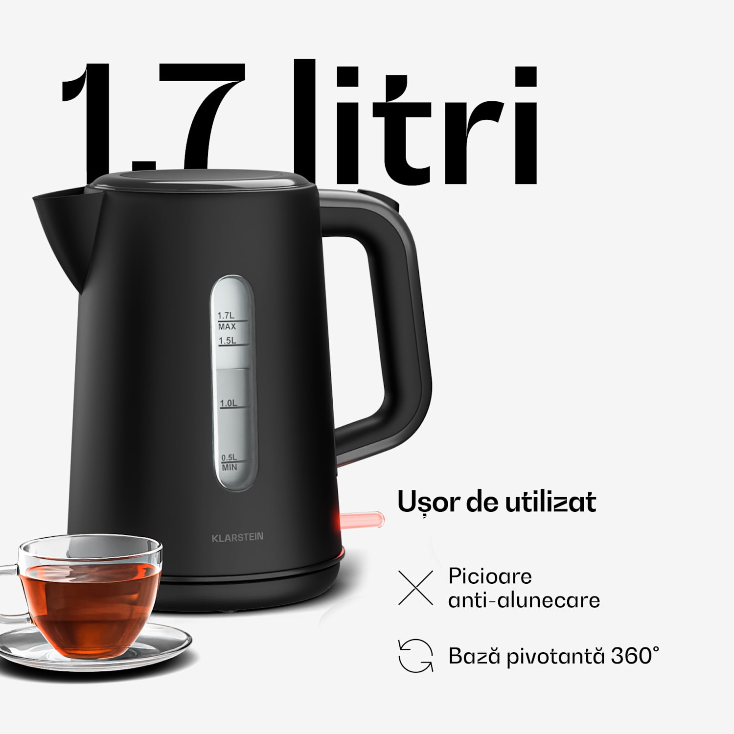 Fierbător electric Velaire | 1,7 litri | 2200 W | Bază rotativă 360° | Design modern, minimalist 