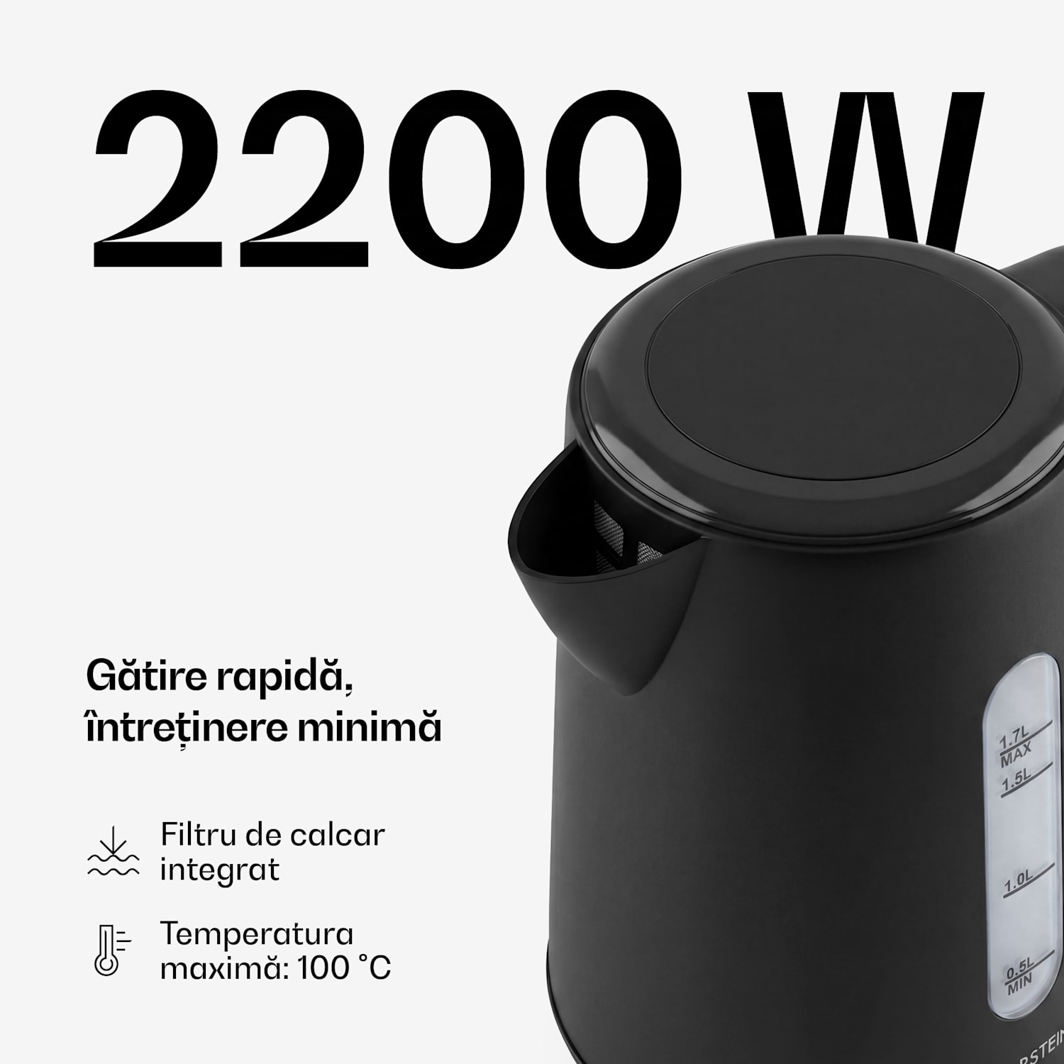 Fierbător electric Velaire | 1,7 litri | 2200 W | Bază rotativă 360° | Design modern, minimalist 
