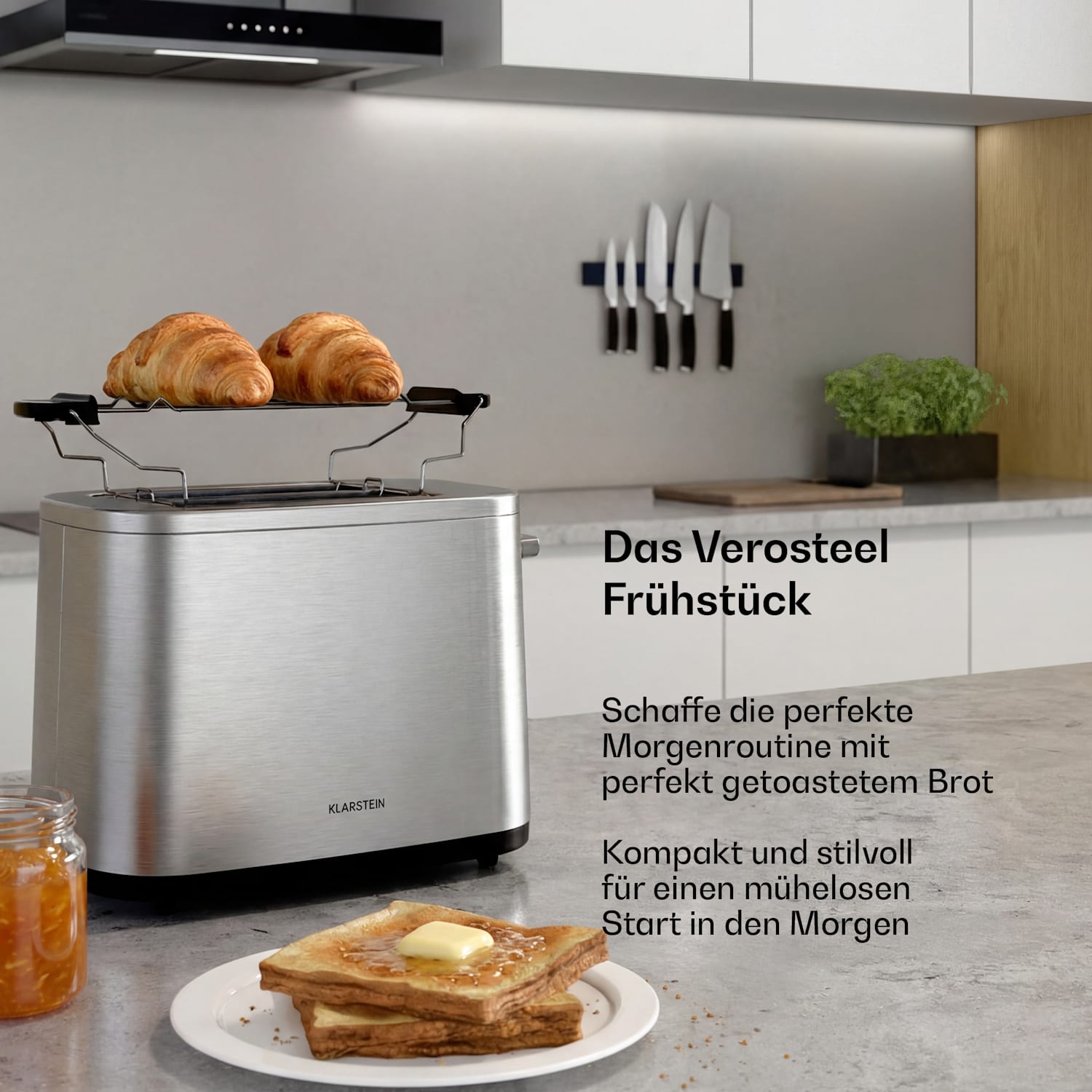 Verosteel Toaster | 2-Schlitz-Toaster | 800 W | 7 Bräunungslevel | Brötchenaufsatz 