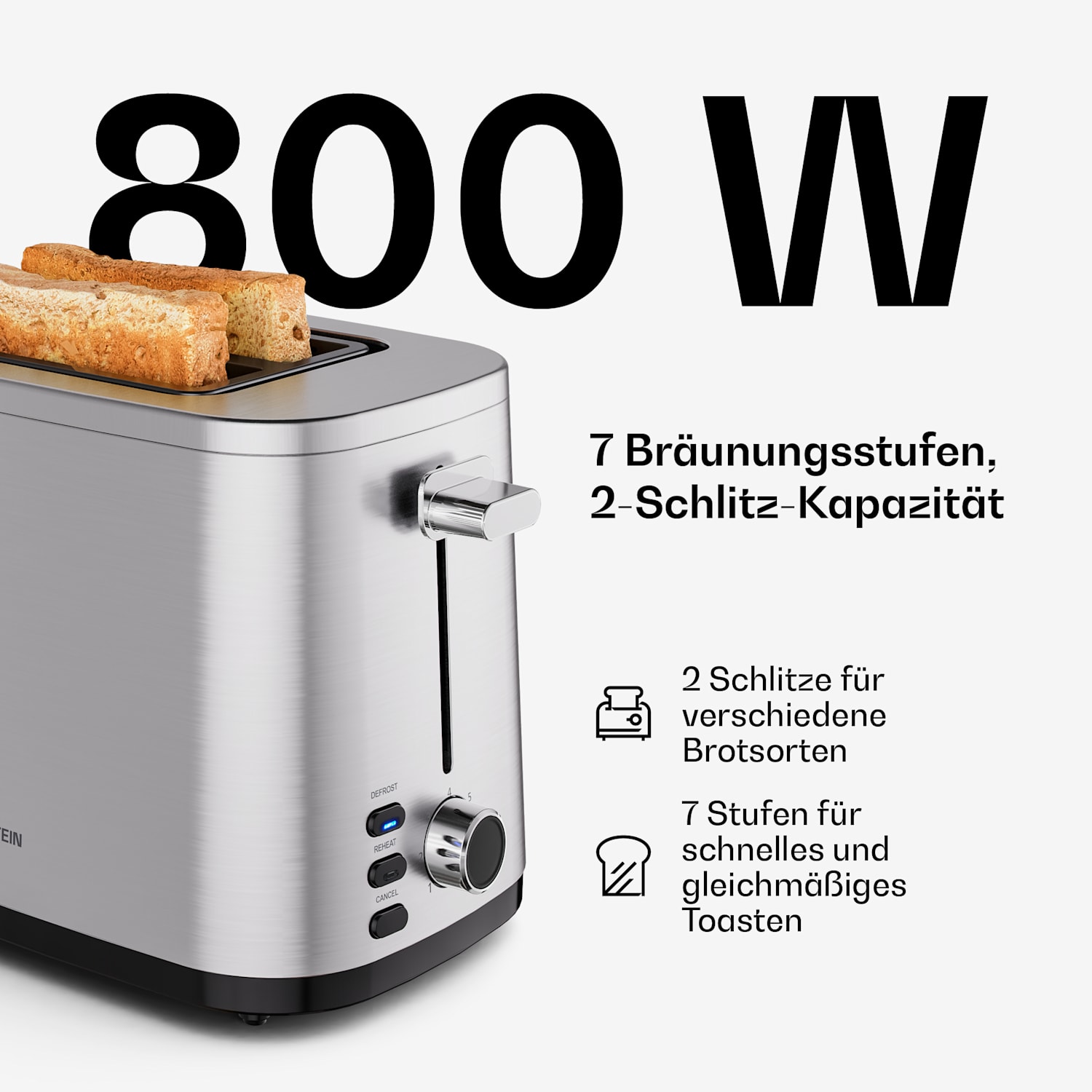 Verosteel Toaster | 2-Schlitz-Toaster | 800 W | 7 Bräunungslevel | Brötchenaufsatz 