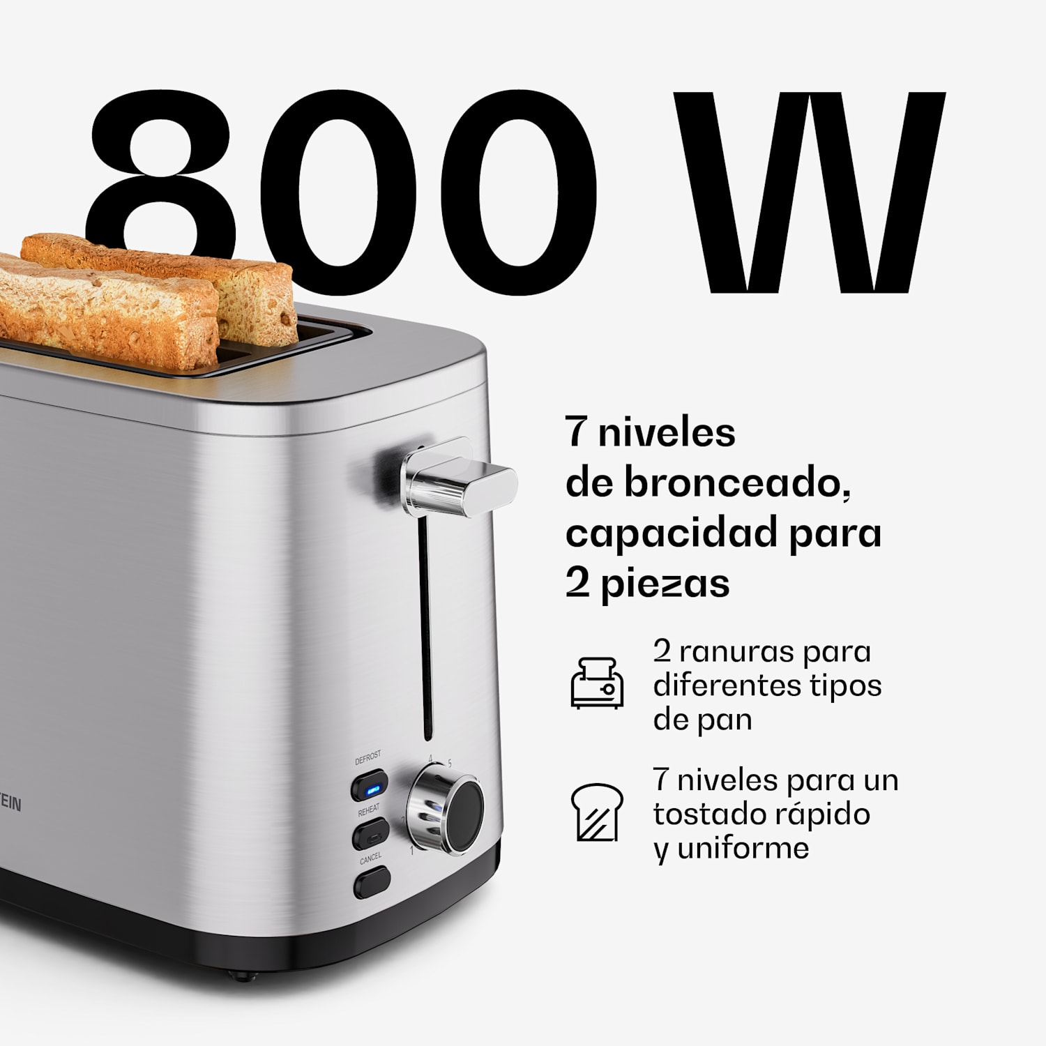 Verosteel Tostadora | Tostadora de 2 ranuras | 800 W | 7 niveles de tostado | Soporte para panecillos 