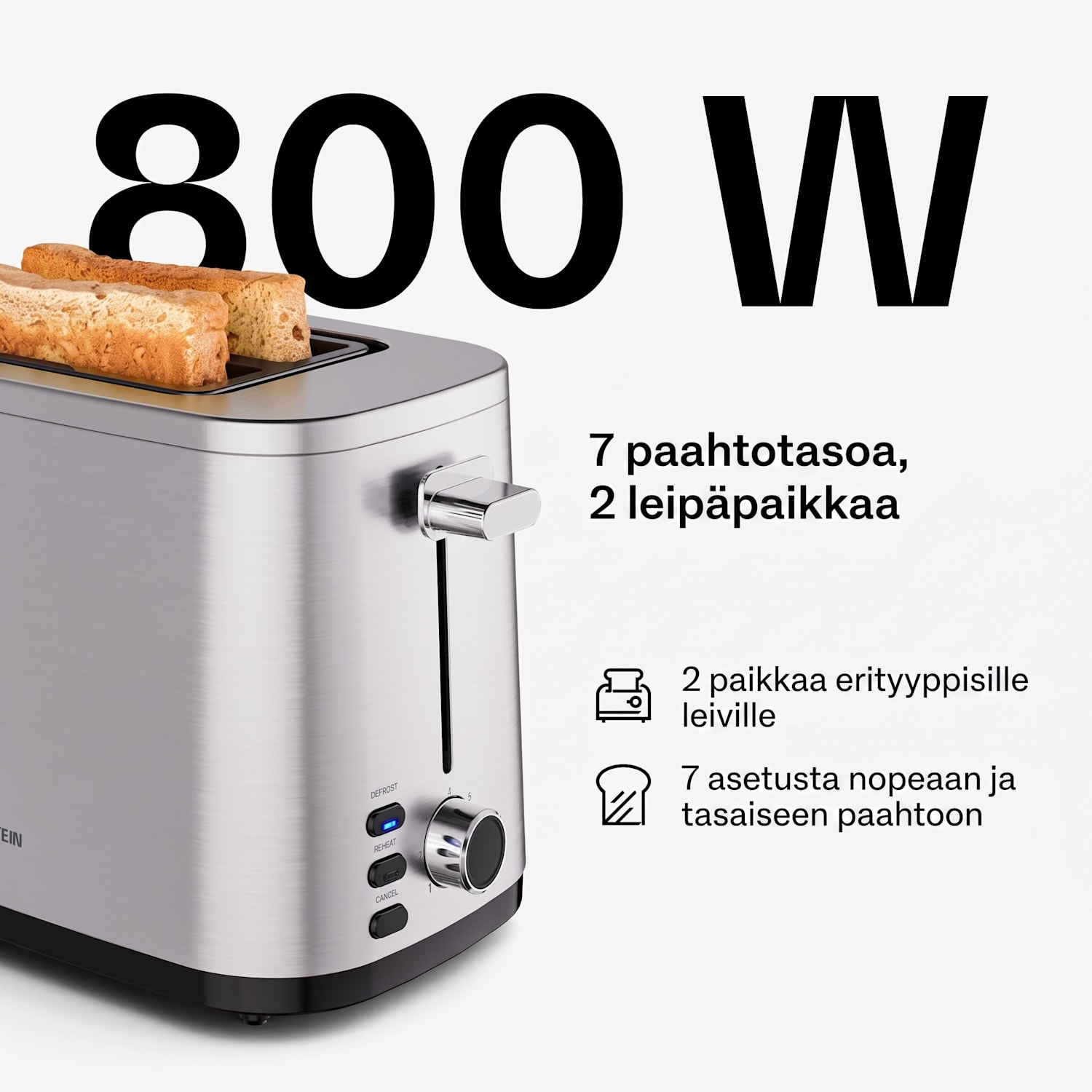 VeroSteel leivänpaahdin | 2 koloa | 800 W | 7 paahtoastetta | Sämpyläteline | Ruostumaton teräs 