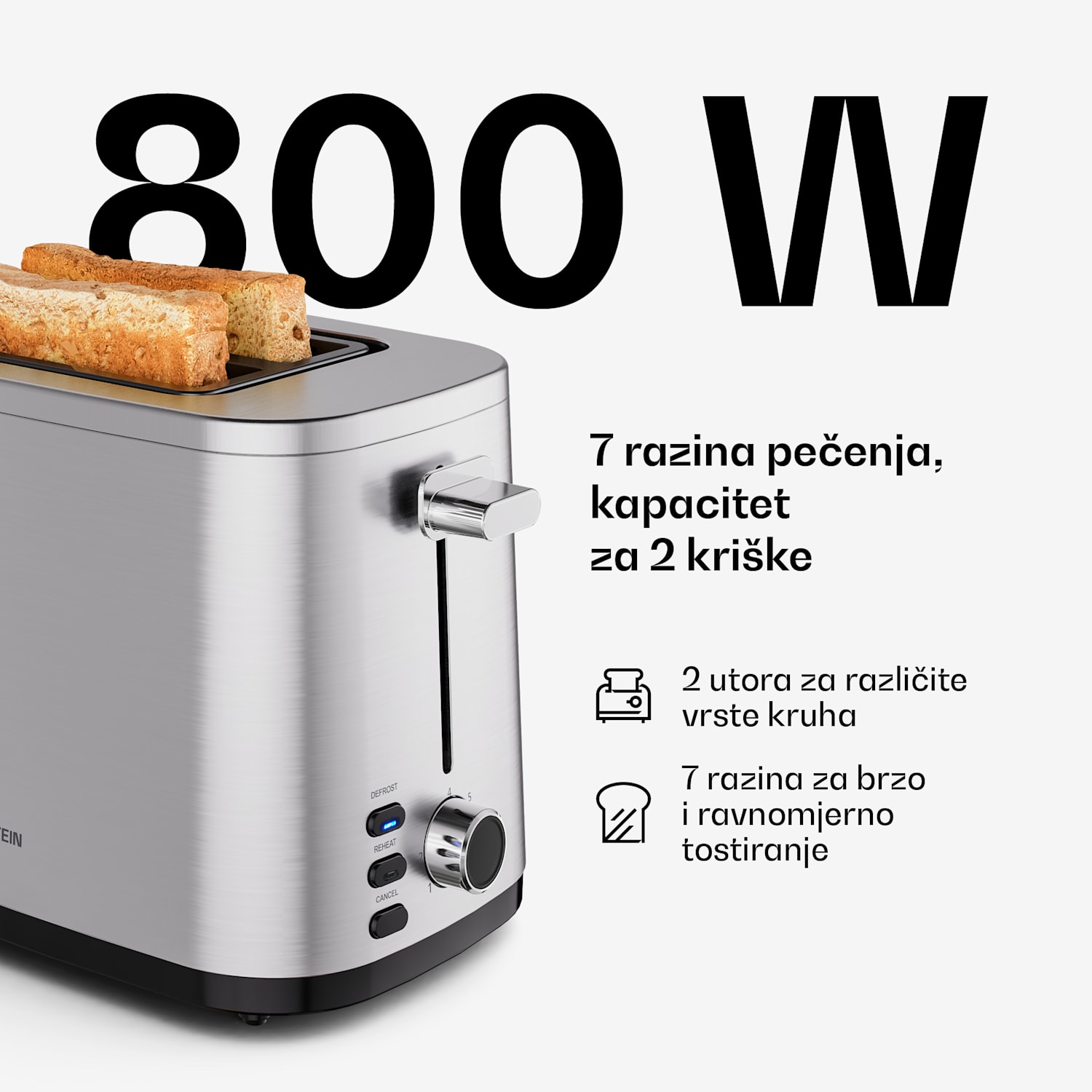 Verosteel toster | Toster za 2 kriške | 800 W | 7 razina pečenja | Grijač peciva 