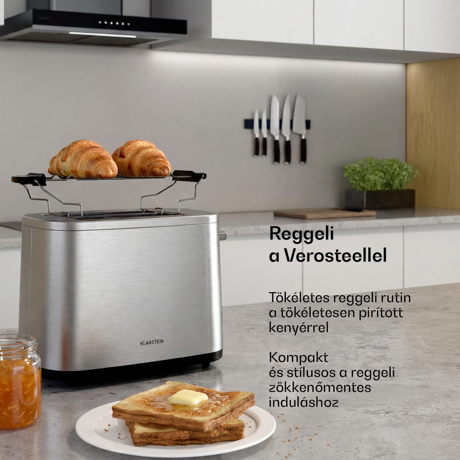 Verosteel kenyérpirító | 2 szeletes kenyérpirító | 800 W | 7 pirítási fokozat | Zsemlemelegítő 