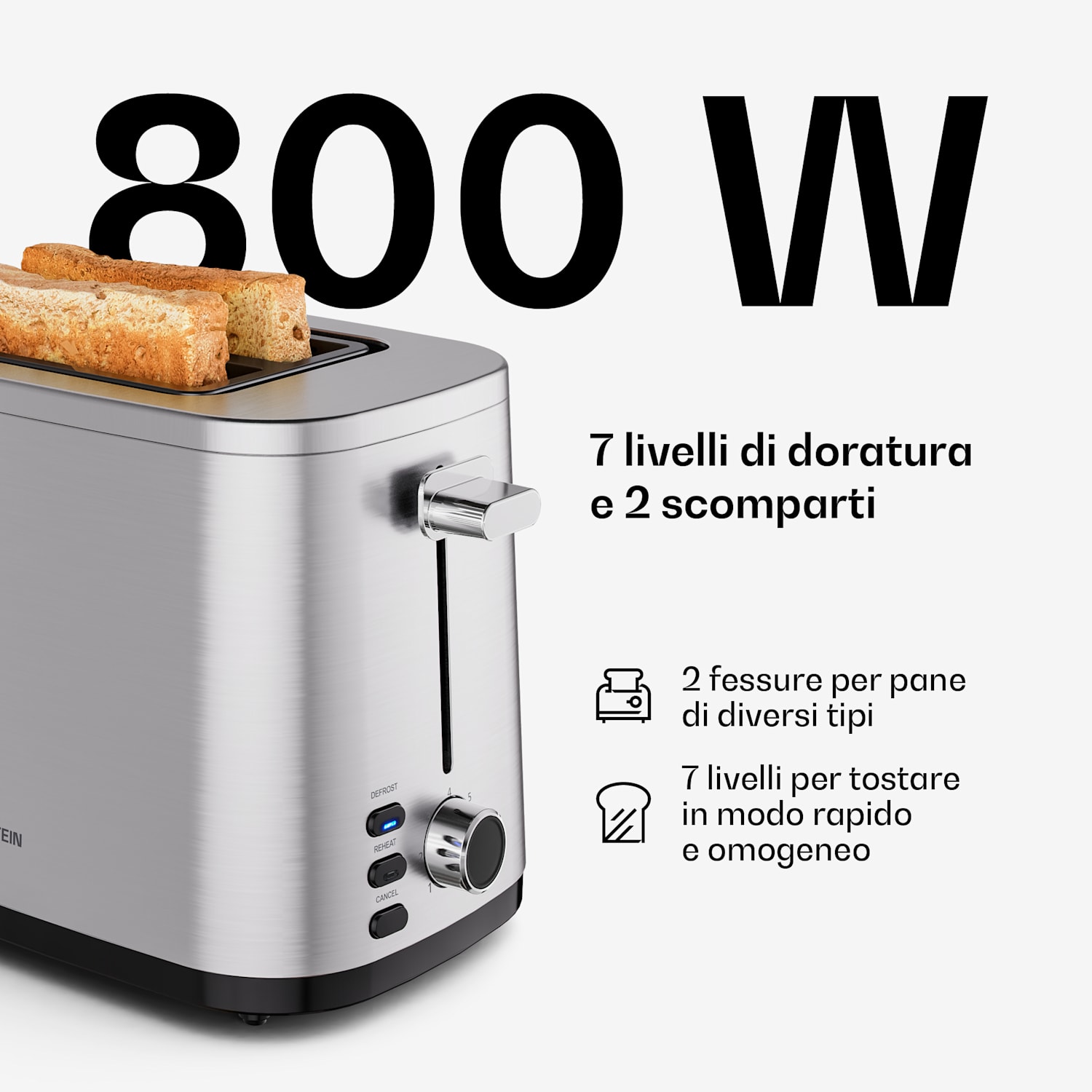 Verosteel - Tostapane | 2 scomparti | 800 W | 7 livelli di doratura | Griglia per panini 