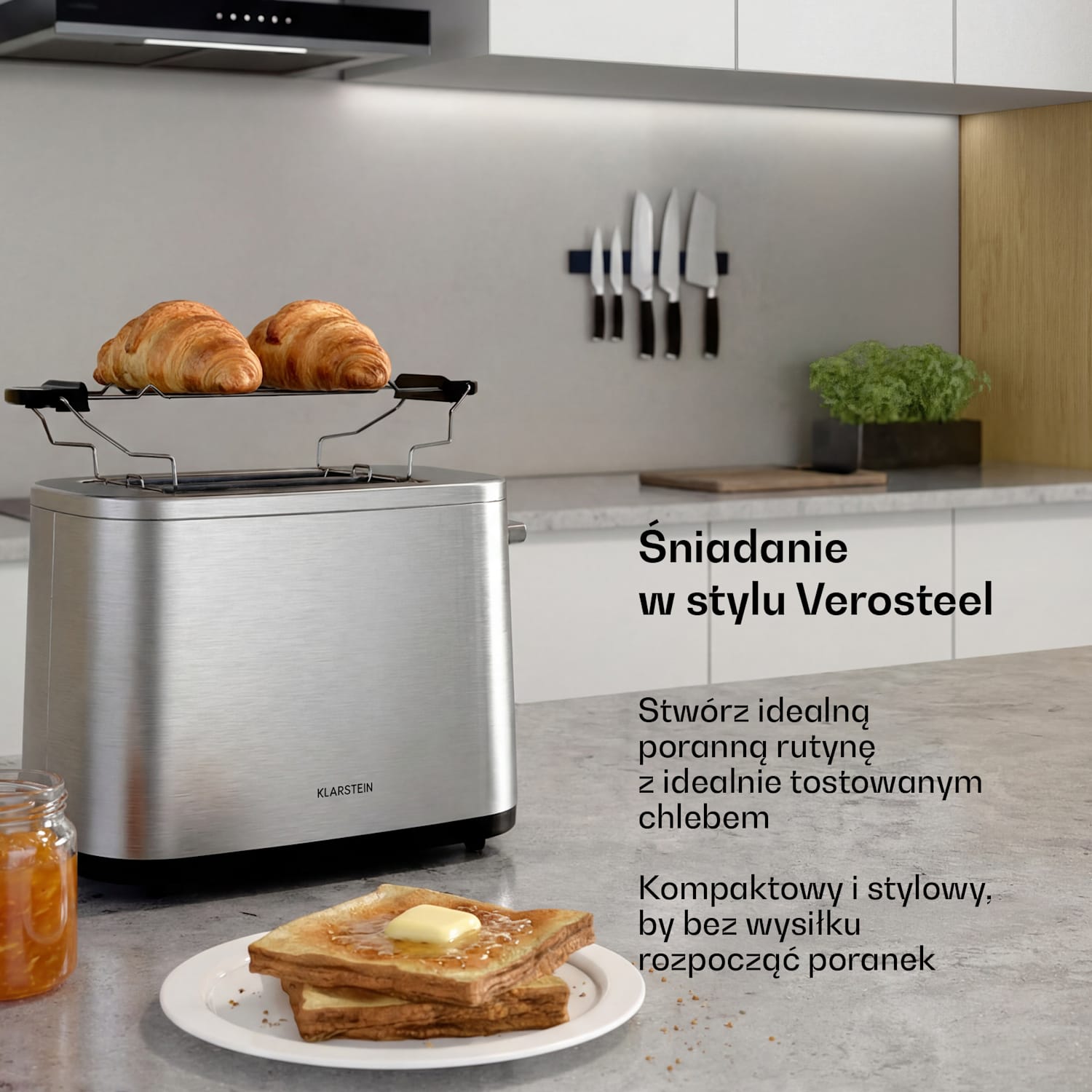 Toster Verosteel | Toster na 2 kromki | 800 W | 7 poziomów opiekania | Podgrzewacz bułek 