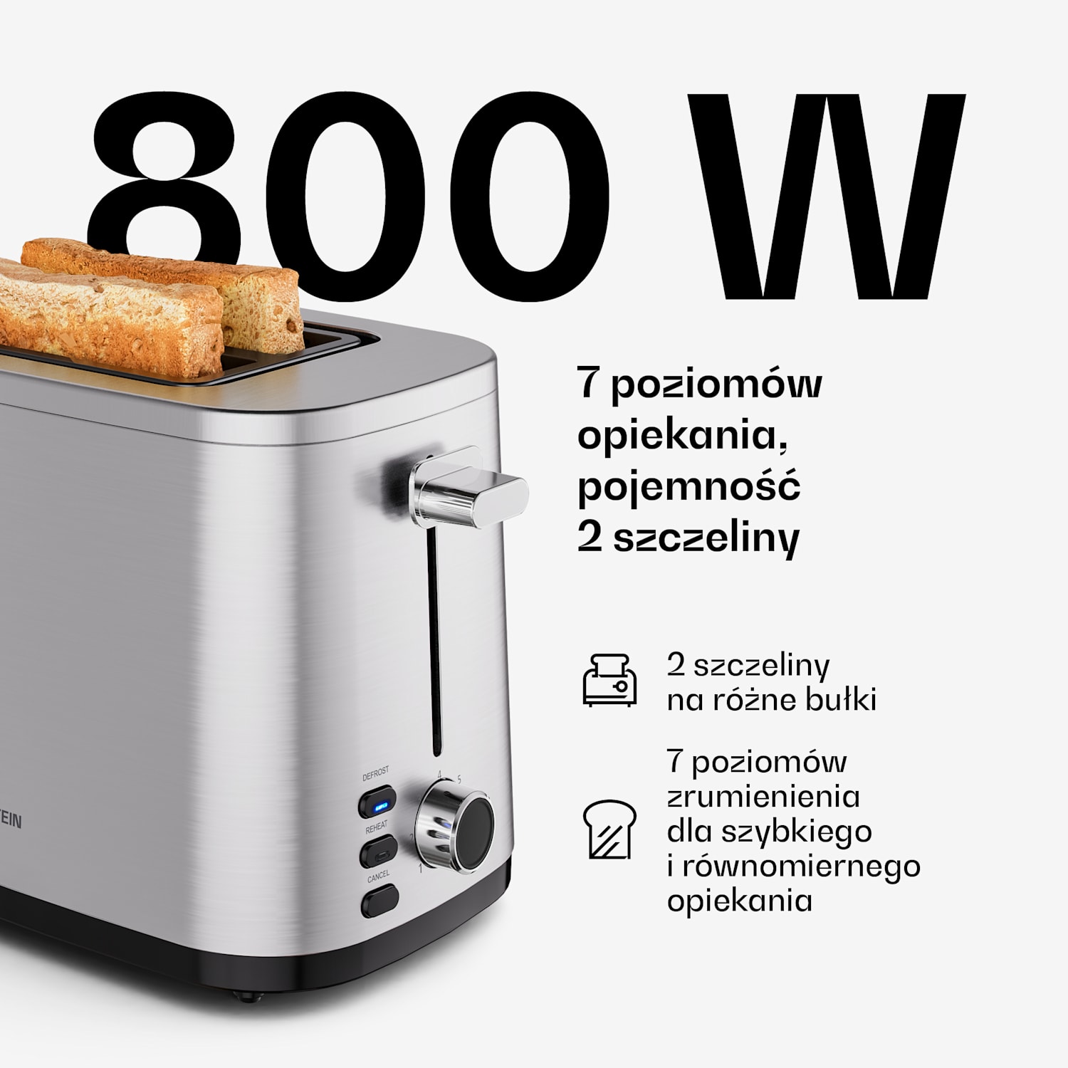 Toster Verosteel | Toster na 2 kromki | 800 W | 7 poziomów opiekania | Podgrzewacz bułek 