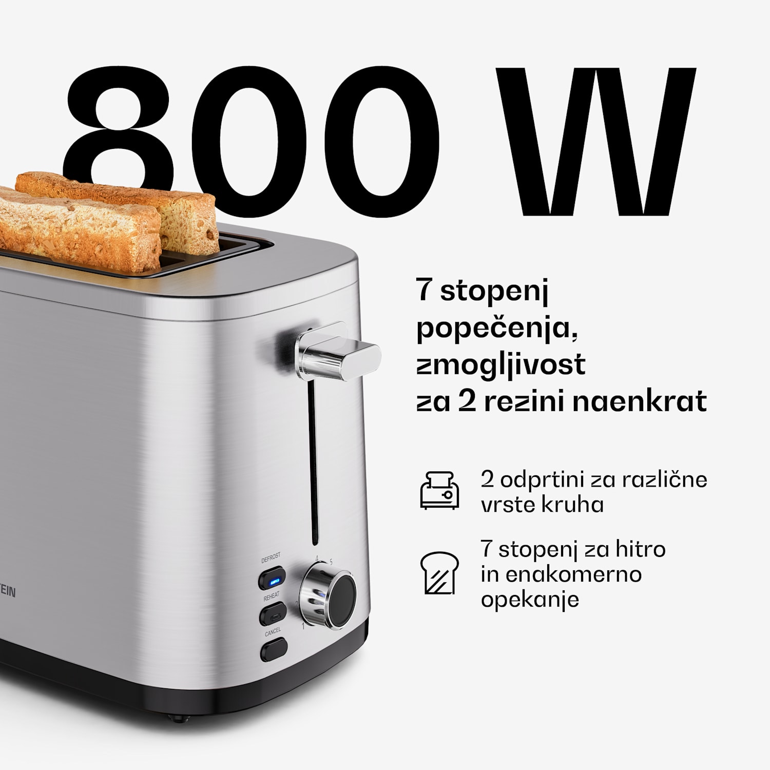 Verosteel toaster | 2 rezini | 800 W | 7 stopenj opekanja | Grelnik za žemljice 