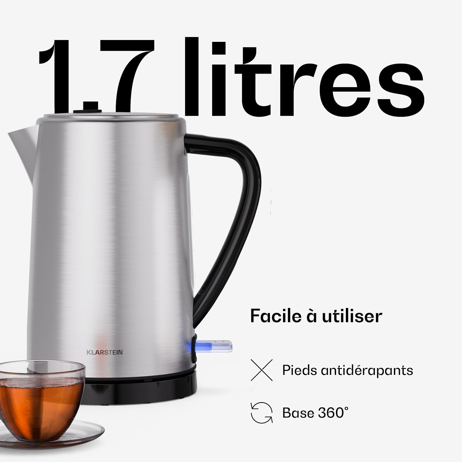 Bouilloire Verosteel | 1,7 litre | 2200 W | Base pivotante à 360° | Design moderne en acier inoxydable 
