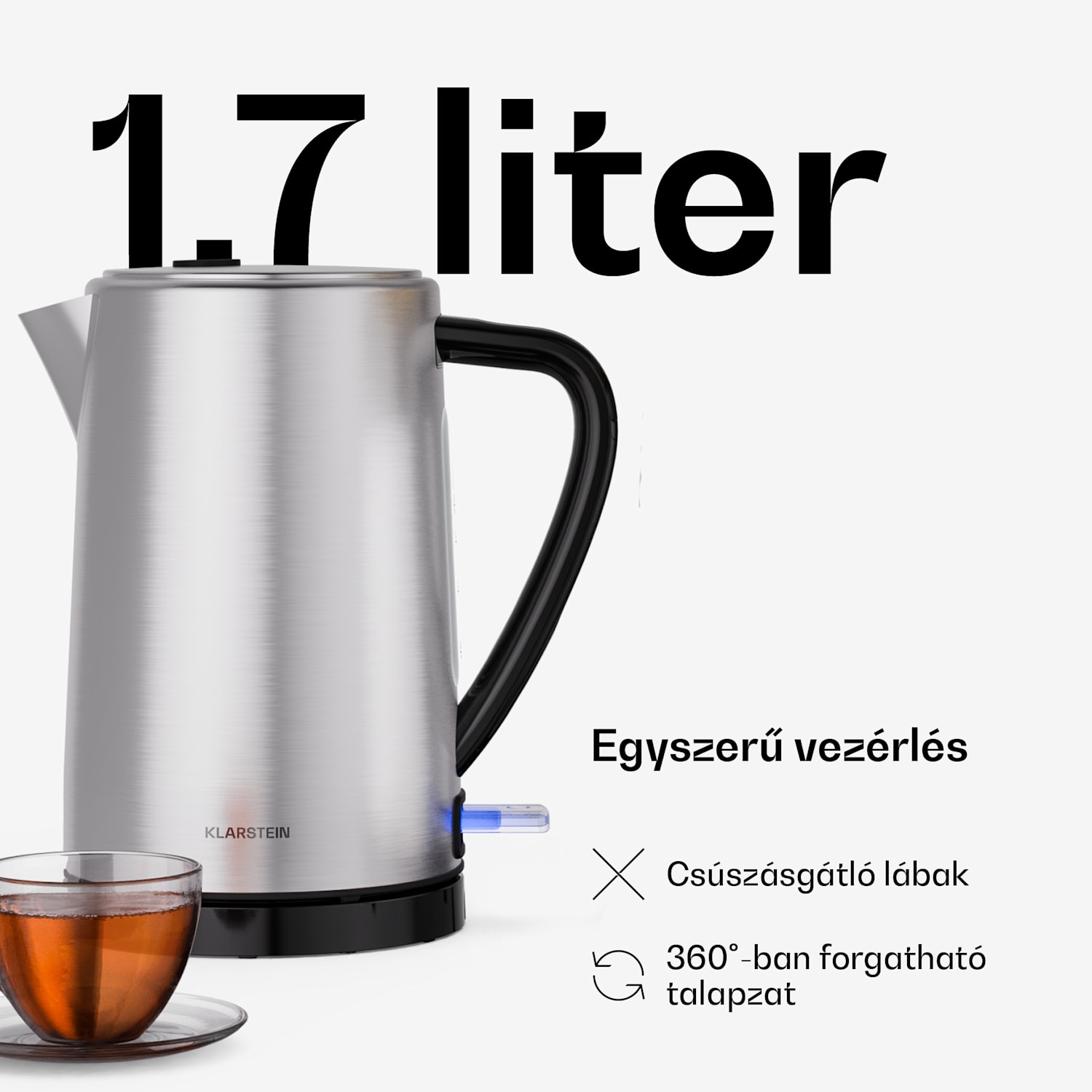 Verosteel vízforraló | 1,7 liter | 2200 W | 360°-ban forgatható alapzat | Modern rozsdamentes acél kialakítás 