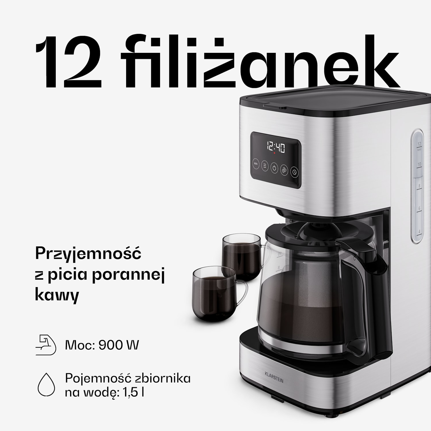 Verosteel Przelewowy ekspres do kawy | Stal nierdzewna | 1,5 litra | Funkcja utrzymywania ciepła | 12 filiżanek 